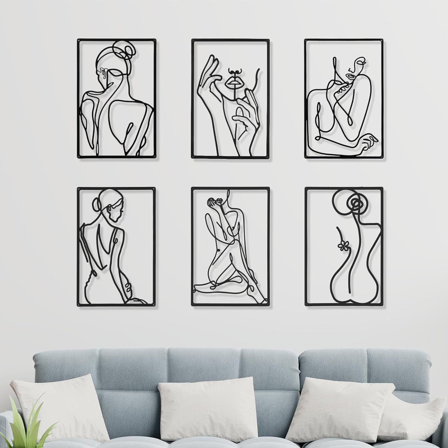 Cindeer Modern Abstract Wall Art, 6 Pcs Metal Hanging Sculpture, Female Line Art for Bedroom, Living Room Decor, Black, 13 x 11 inches