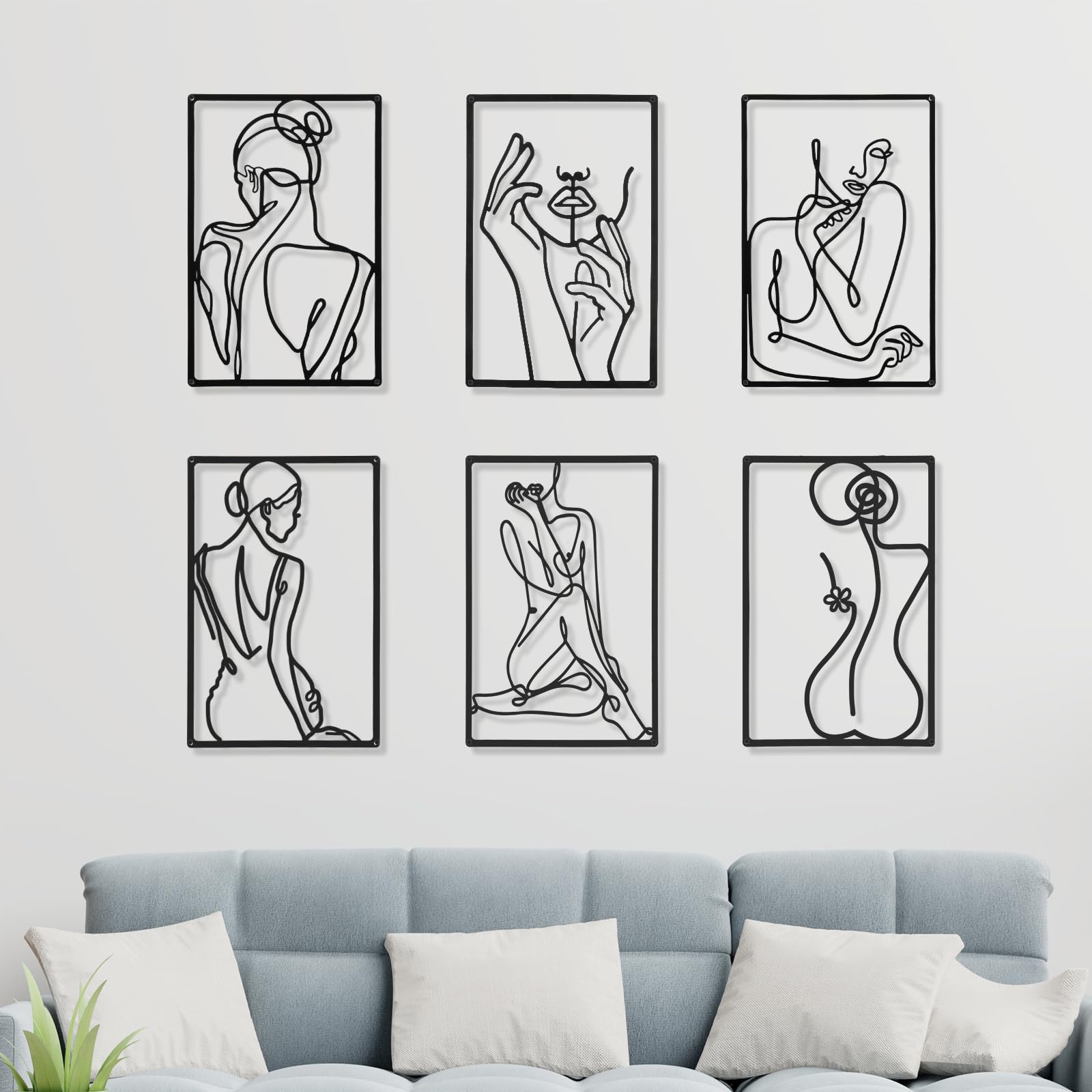 Modern Abstract Metal Wall Art Sculpture Set, 6 Female Line Art Decor 13×11 in