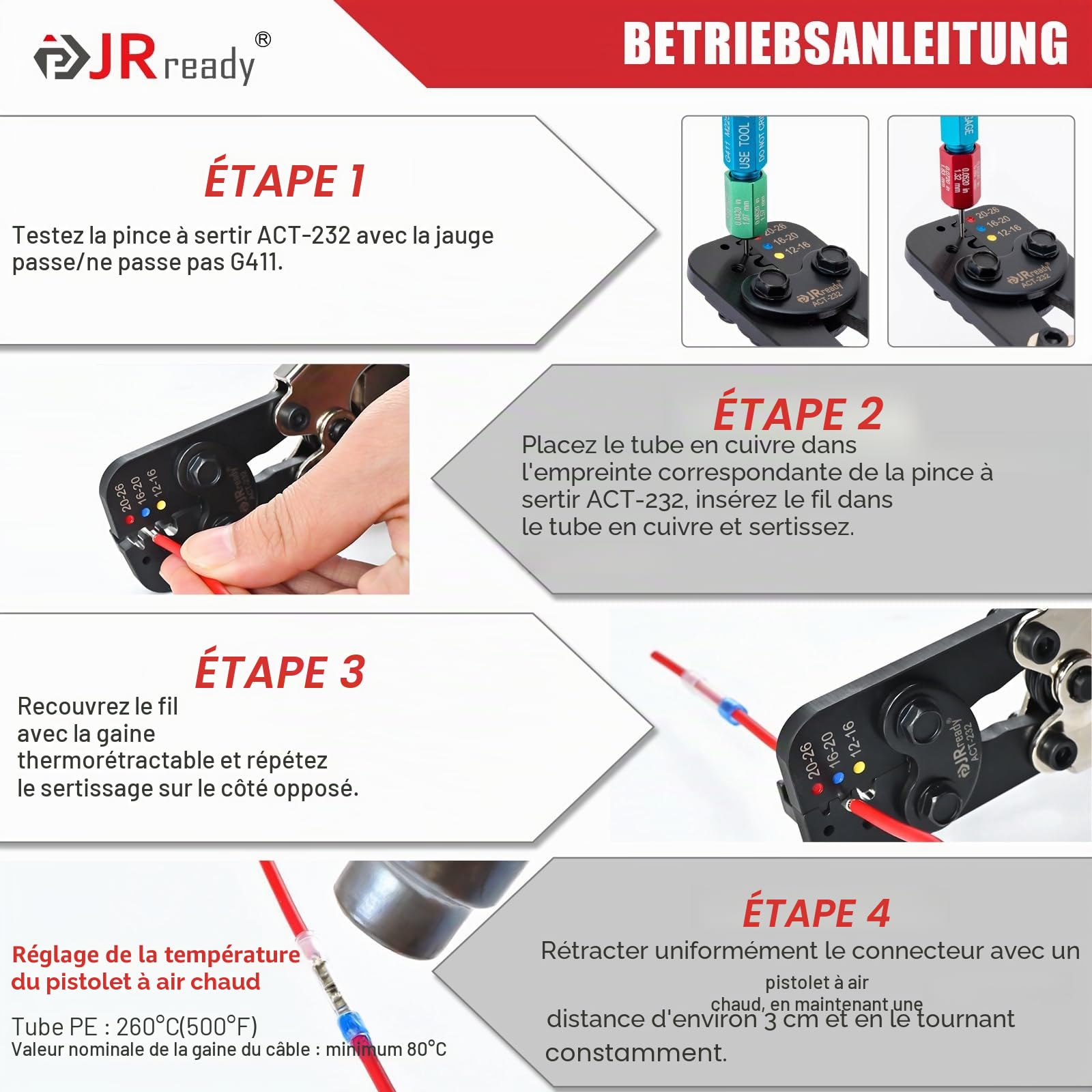 JRready ST6493-010 Kit de connecteurs étanches IP68 avec outil de sertissage ACT-232, connecteur épissure butt 12# 16# 20# & connecteur anti-choc PVDF/PE et jauge G411 Go-No Go