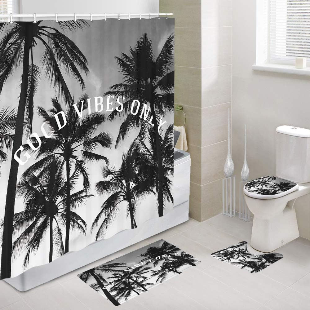 JAWO Palm Tree Shower Curtain, Tropical Coconaut Tree Funny Quotes Good Vibles Only Shower Curtain Sets, Black and White Gray Fabric Bathroom Curtain, Hooks Include