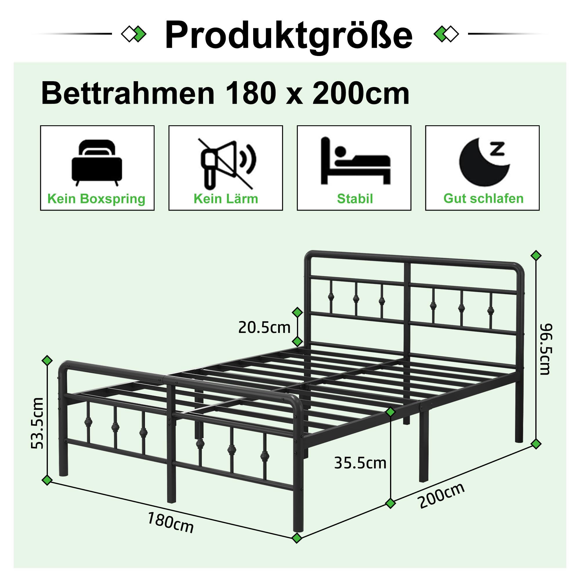 EMODA Bettgestell 180 x 200 cm, Metallbett Doppelbett mit Kopfteil und Fußteil im viktorianischen Stil, 36 cm hoch mit Stahl-Lattenrost, Geräuschfrei, Einfache Montage, Schwarz