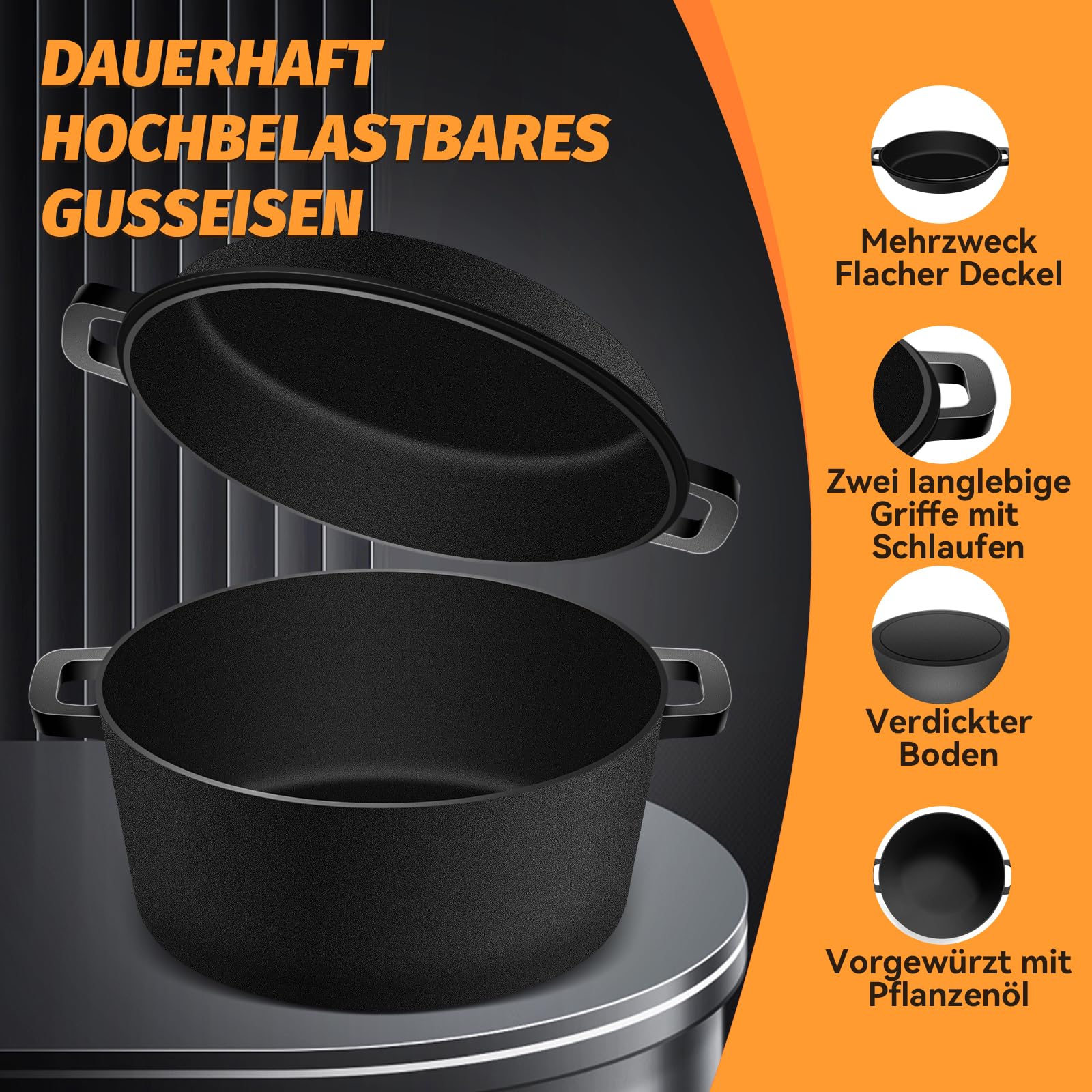 NZQXJXZ Gusseisen Topf Brot Backen Dutch Oven für Brotbacken, 26cm Brotbackform mit Banneton Brot Gärkorb Sauerteig Brotbacken Zubehör, 2-in-1 Brotbacktopf mit Pfanne Deckel Kochen Pan