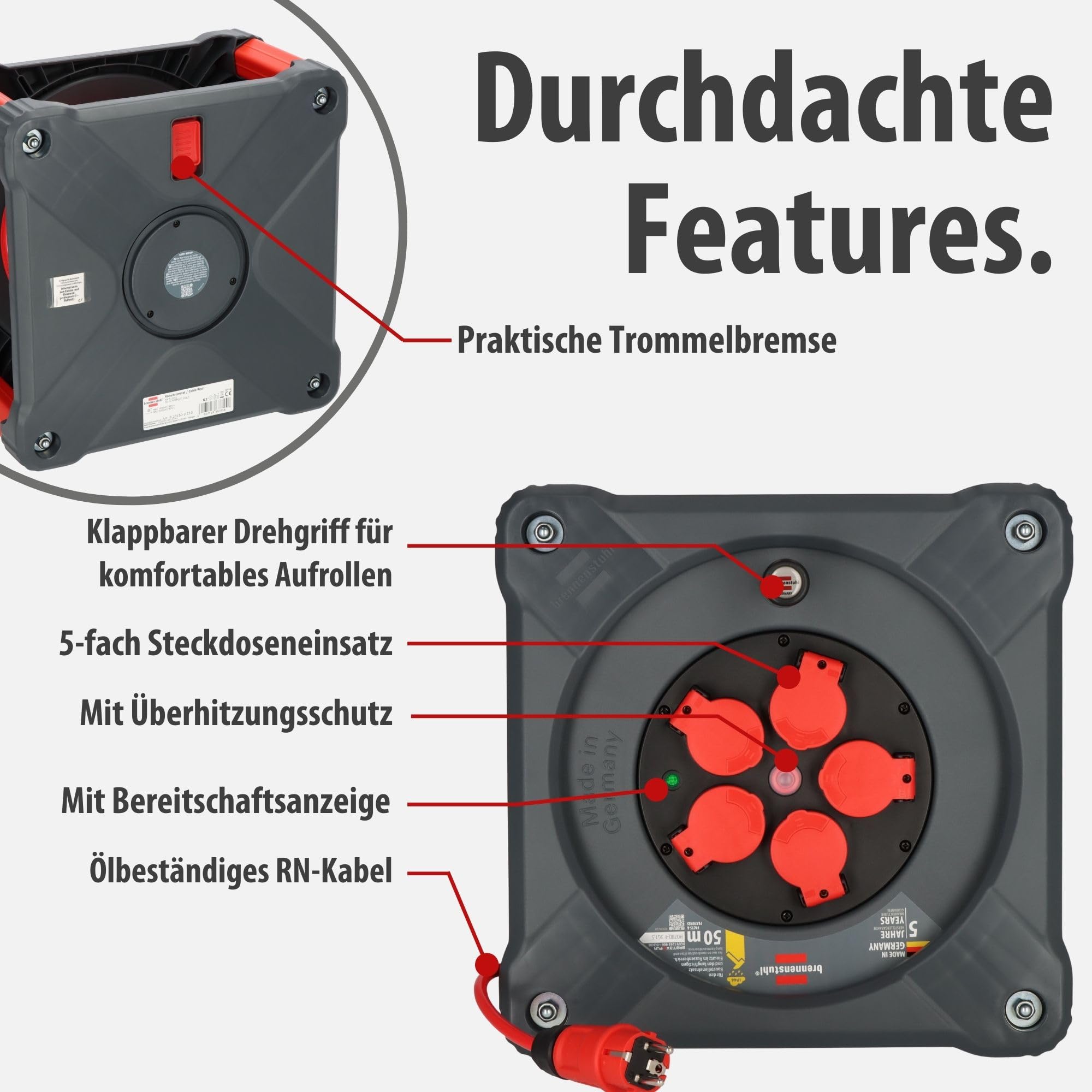 Brennenstuhl Professional KA 5110 5 IP44 avvolgicavo da cantiere (cavo BQ da 50 m in rosso, 5 prese di sicurezza, uso in cantiere e uso esterno permanente, Made in Germany)
