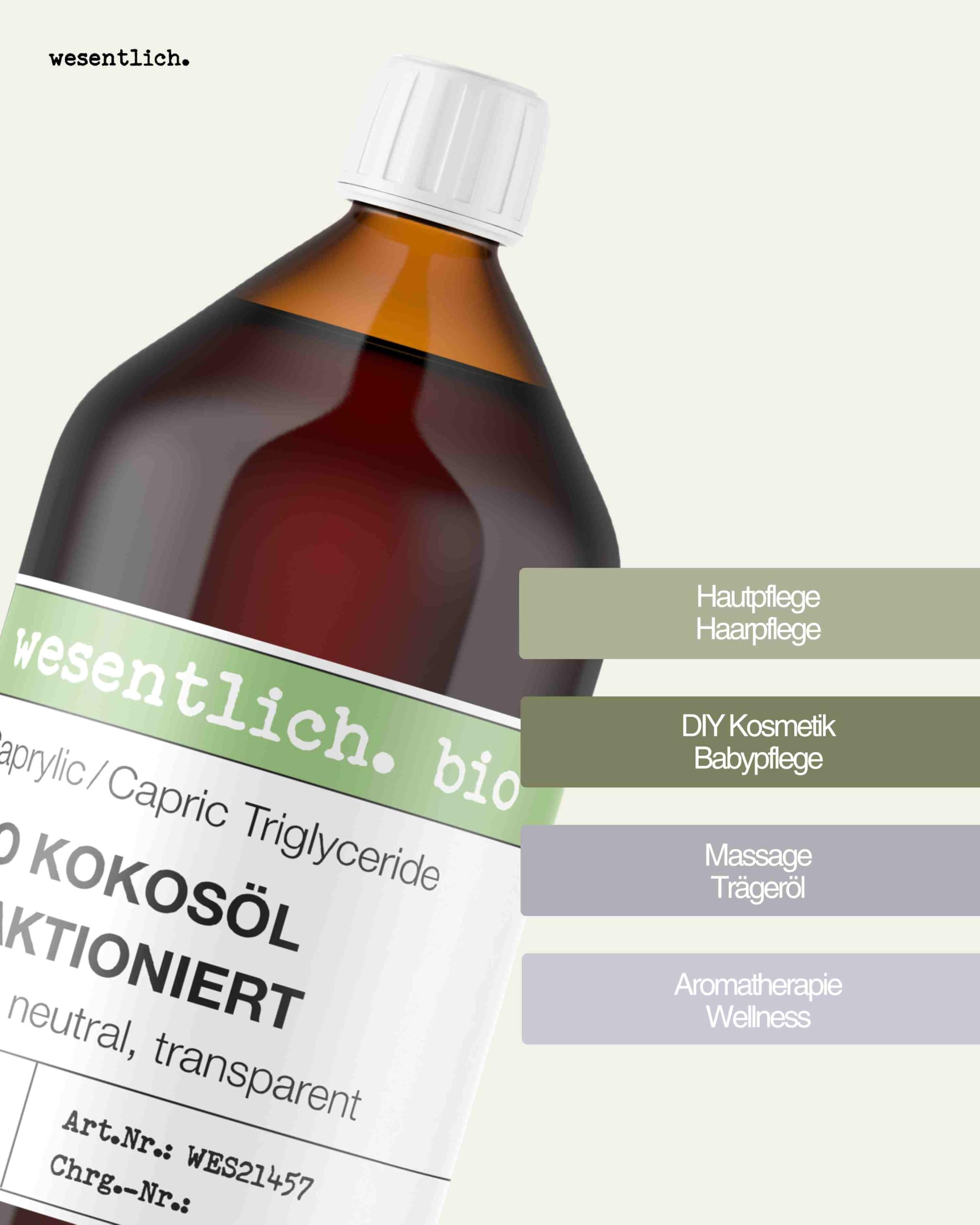 wesentlich. Bio Kokosöl fraktioniert 1000 ml - flüssiges Kokosöl in der Glasflasche - geruchsneutrales Körperöl & Massageöl - Trägeröl für ätherische Öle