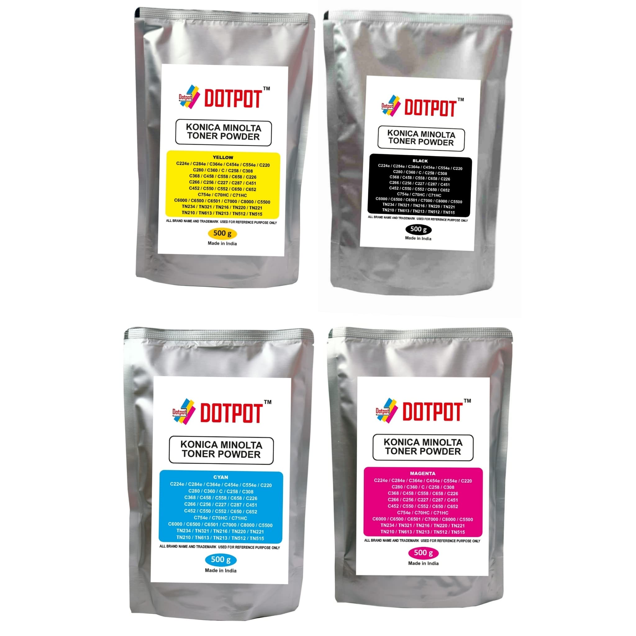 Dotpot Original KONICA MINOLTA C224, C258, C220, C280, C360, C368, C364, C451, C454, C8000, C6000,Black Cyan Yellow Magenta Color Toner Powder (2 kg)