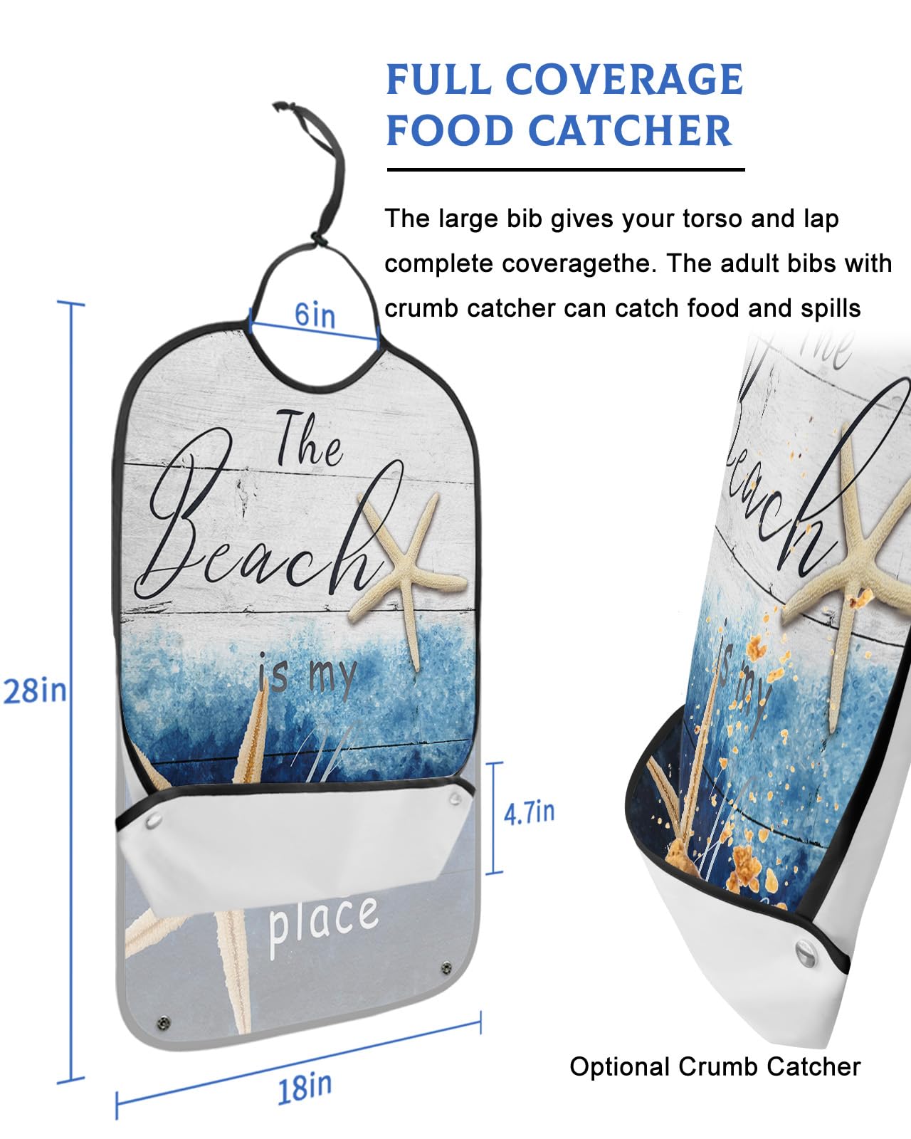 Summer Beach Adult Bibs for Eating, Waterproof Bibs with Food Catcher & Adjustable Snap Closure, Blue Ombre Ocean Coastal Starfish Wood Washable Clothing Protectors Adult Bibs for Elderly Women/Men