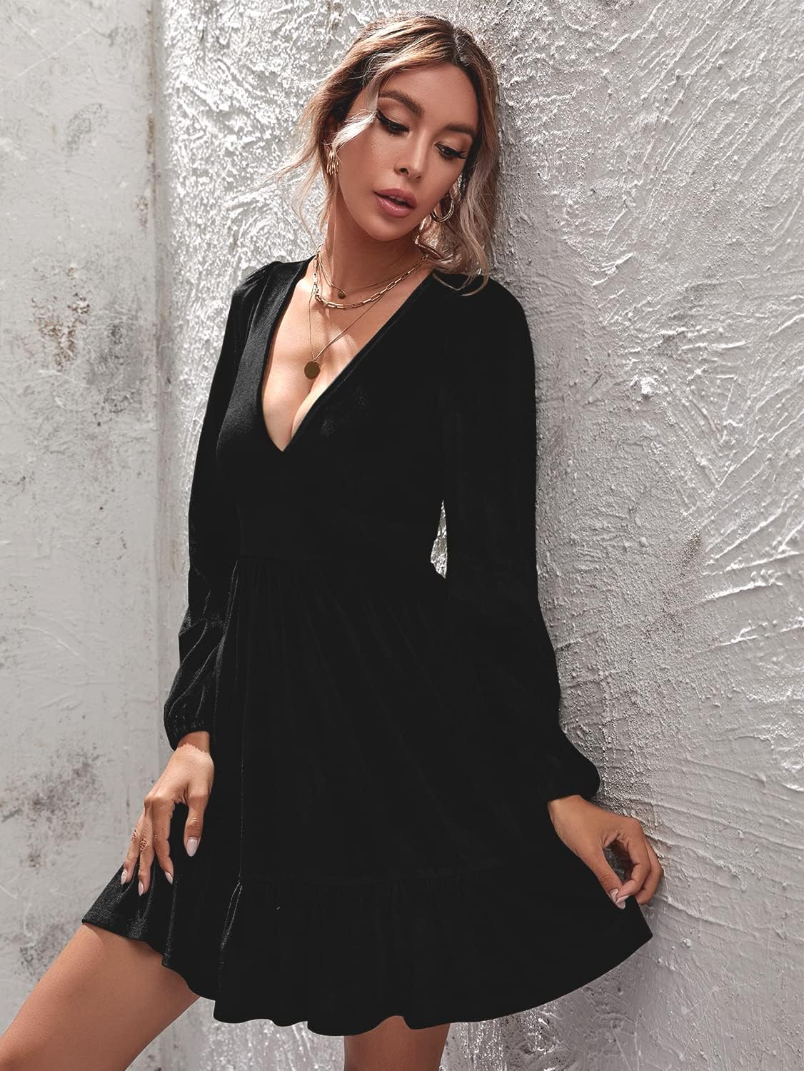 ROYLAMP Women's Dresses Velvet Deep V-Neck Long Sleeve Ruffle Mini Swing Sexy Cocktail Shift Dress - Image 3