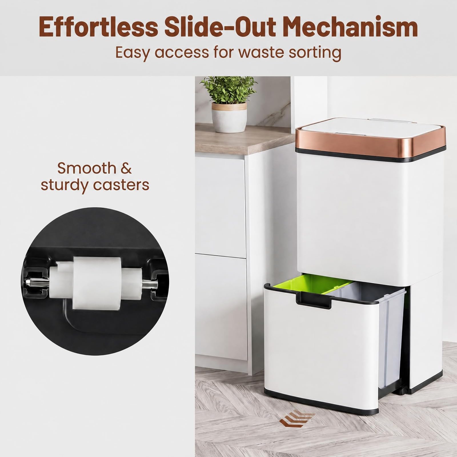 LIFEZEAL 72L - Cubo de basura con 4 compartimentos, recogida selectiva, apertura automática, sensor de infrarrojos, acero inoxidable, cubos diferenciados interiores, cubo de basura, cocina (blanco)