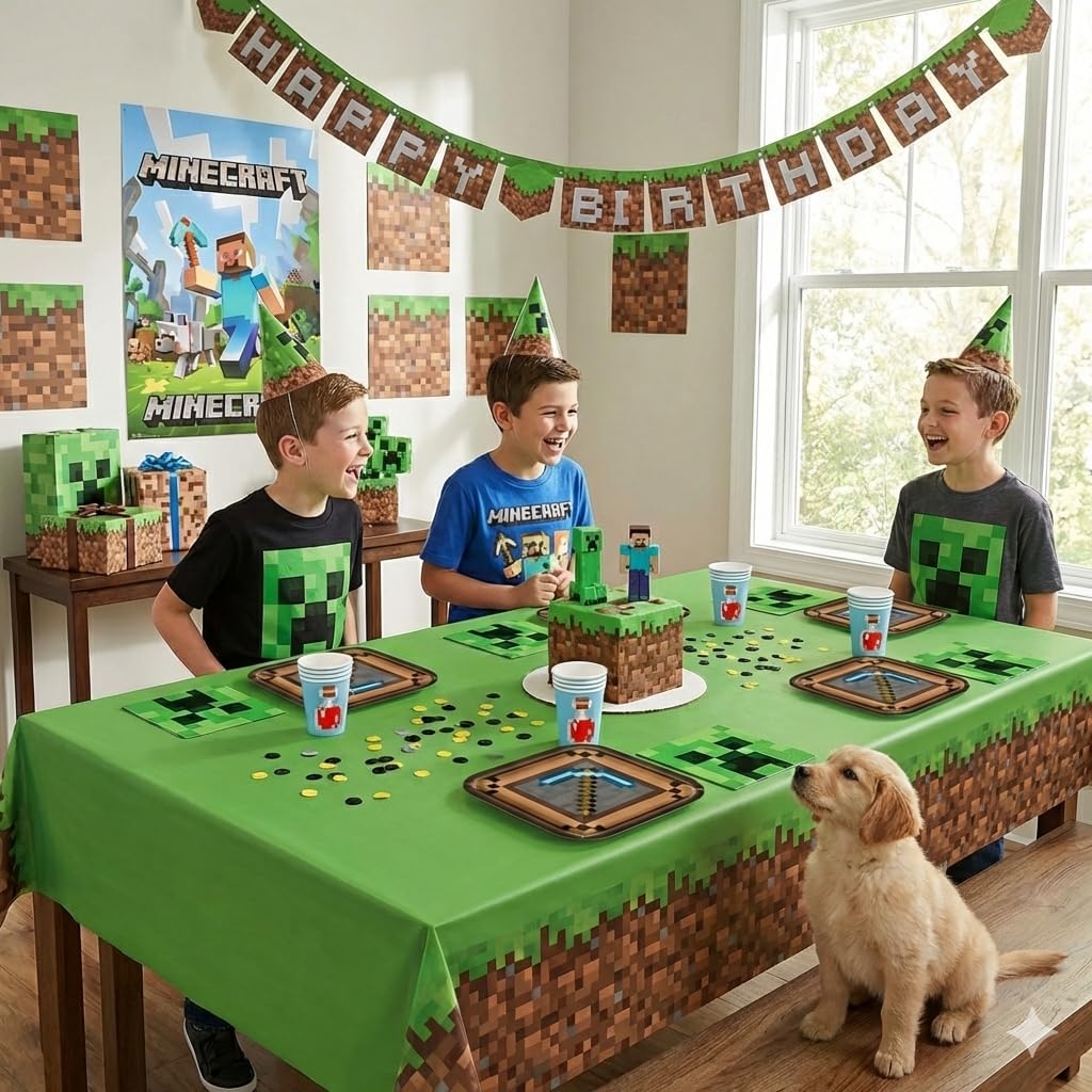 Minecraft Birthday Decorations – Pixel Video Game Birthday Party Set for 16 - Minecraft Party Supplies With Minecraft Plates and Napkins, Pixel Gamer Tableware - Minecraft Birthday Party Decorations
