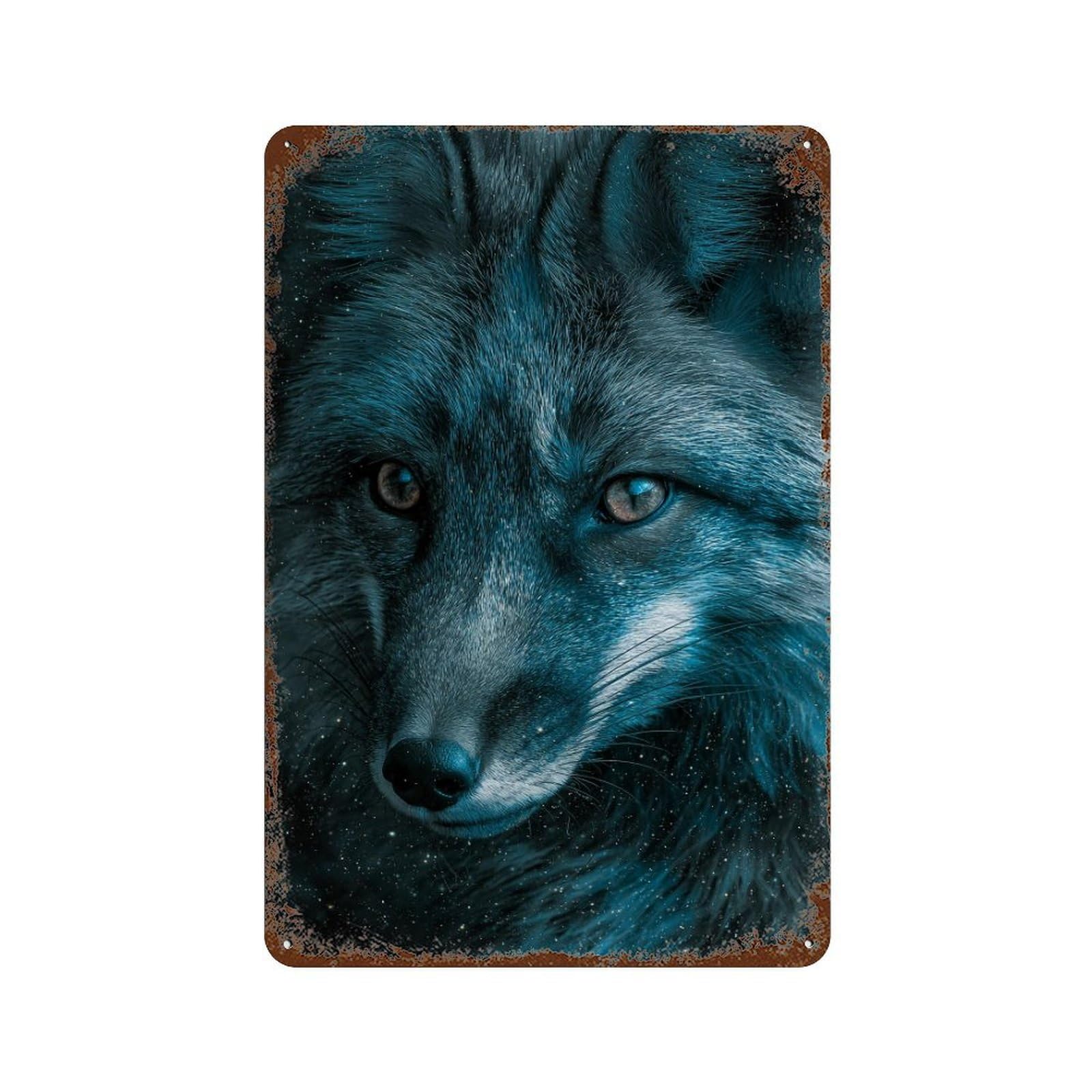 Rust Effect Wolf in Space Mystical Night Rustic Tin Plaque 11.8"x7.9", Classic Wall Plaque for Shed, Workshop And Garage Wall Decor