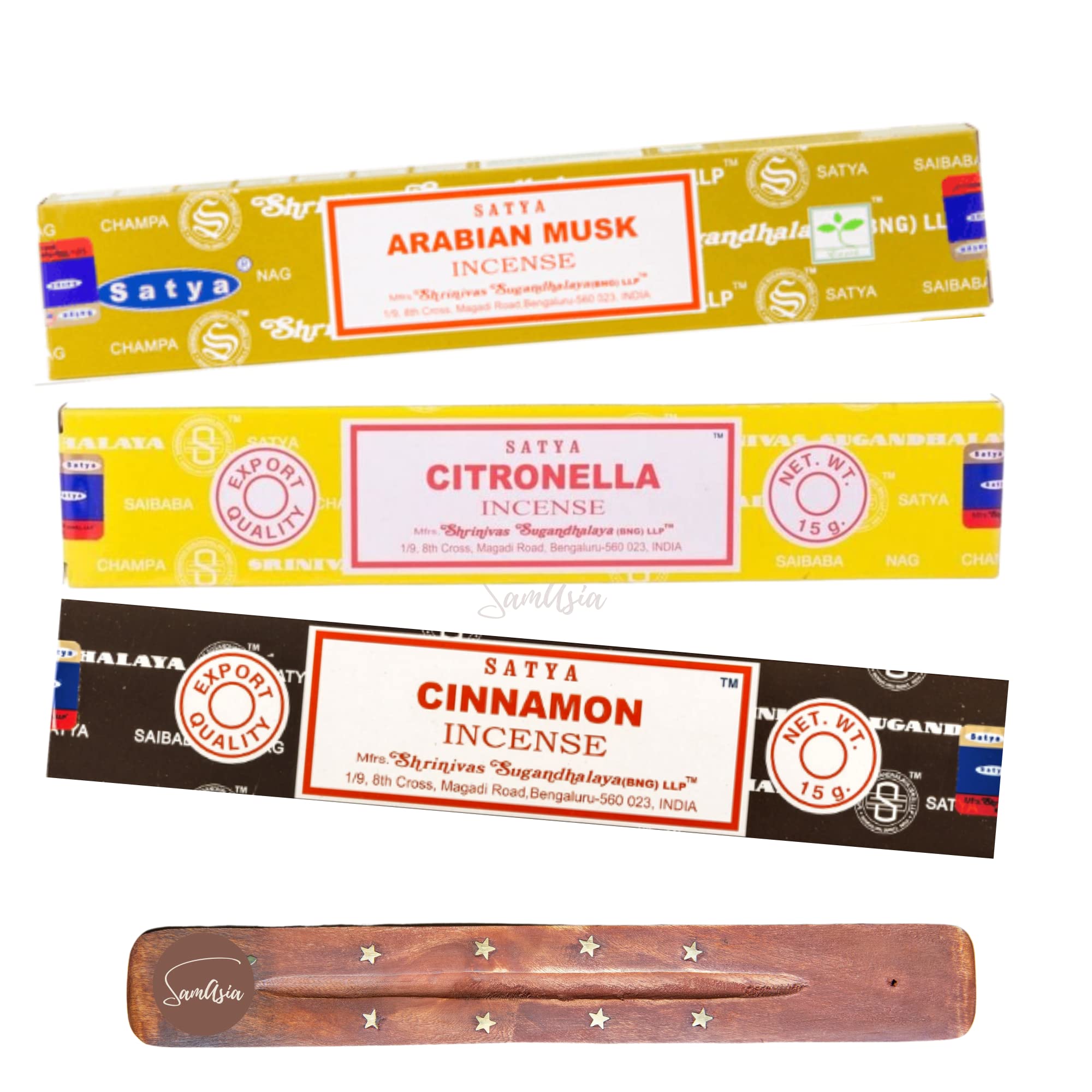 Satya Nag Champa Arabian Musk, Citronella and Cinnamon Incense Sticks | x3 pack | with SAMASIA incense sticks holder | Burn for Energising