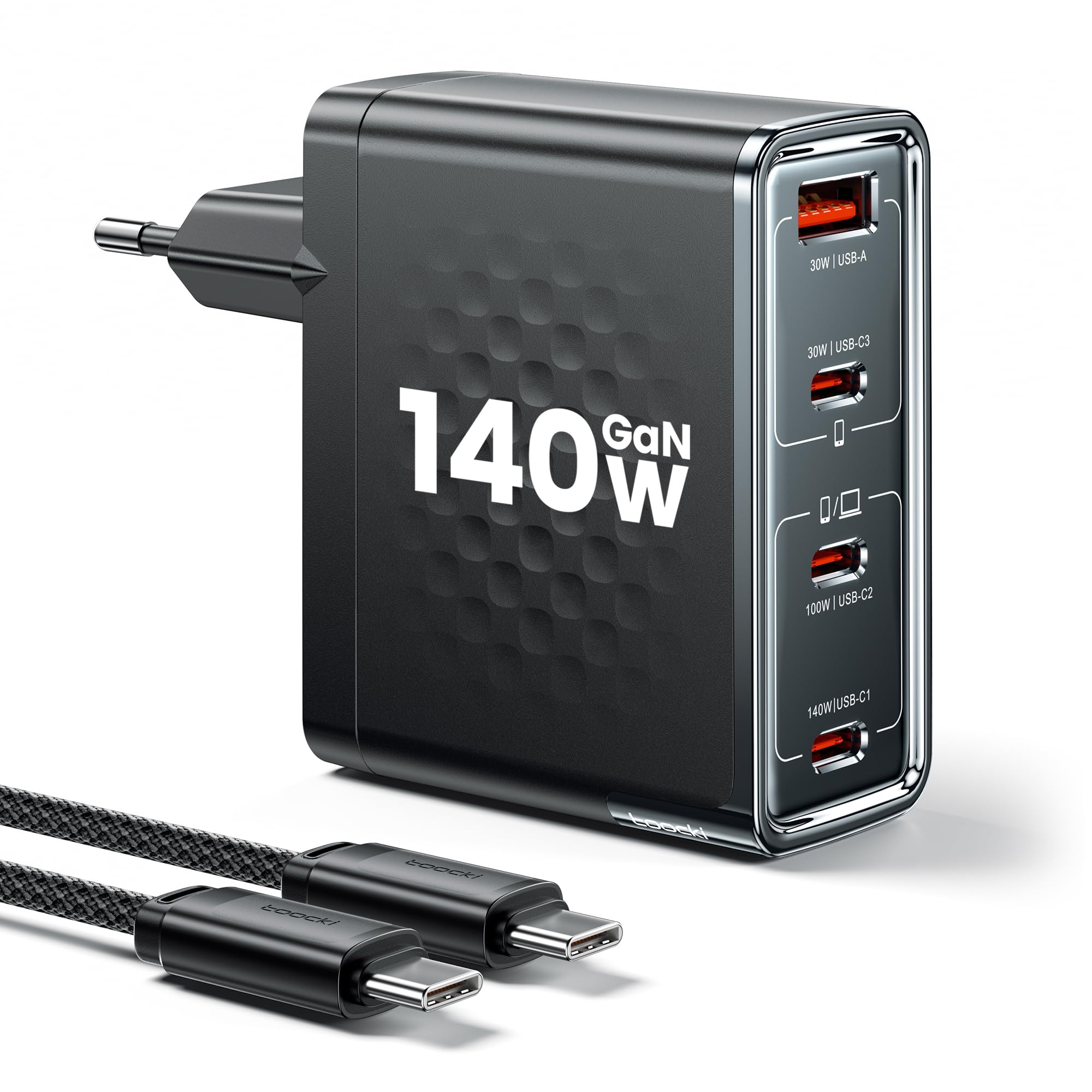 toocki Chargeur GaN 140W USB C, 4 Ports, PD 3.1, avec Câble Charge Rapide