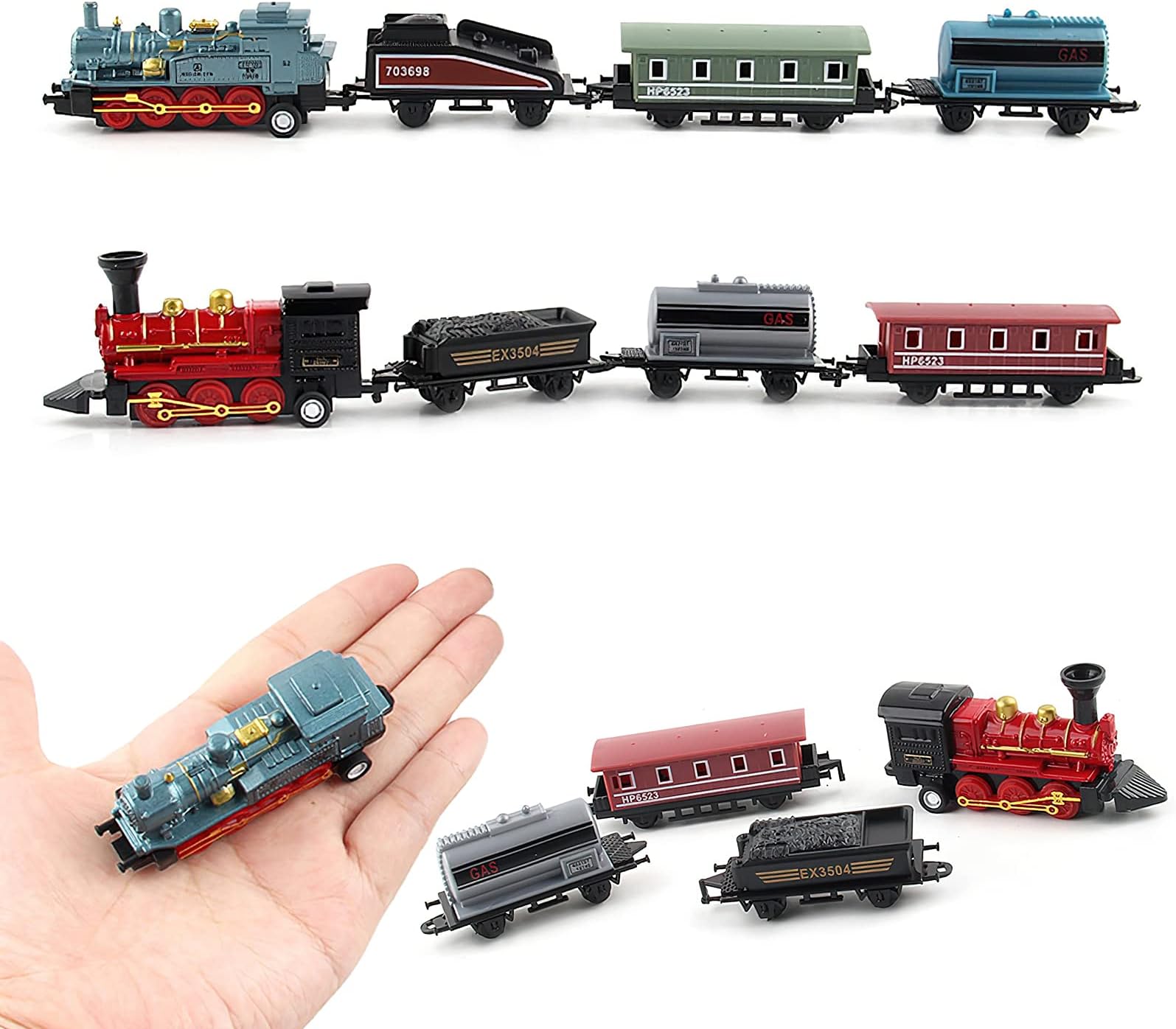 Mini Alloy Retro Steam Train Toy Kit Die-Cast Pull Back Simulation Steam Train Model Toys for 3 4 5 6 Years Old Kids Boys and Girls 8PCS
