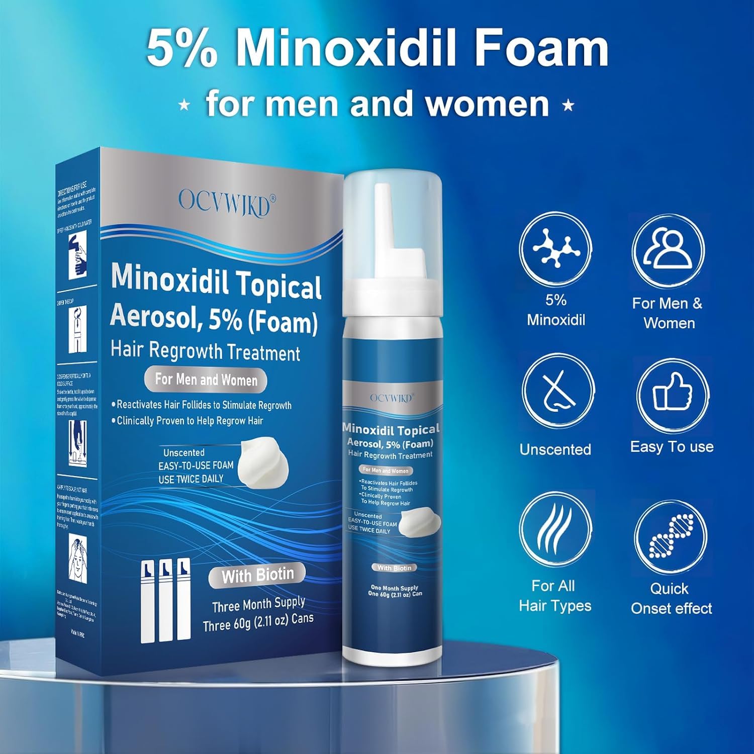OCVWJKD 5% Minoxidil Foam with Biotin, Hair & Beard Growth, 6-Month Supply