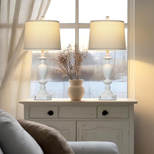 Miniatura 8 de Juego de 2 lámparas de mesa blancas de 28 pulgadas con puertos USB C+A y salida de CA para sala de estar vintage, dormitorio rústico, lámpara táctil