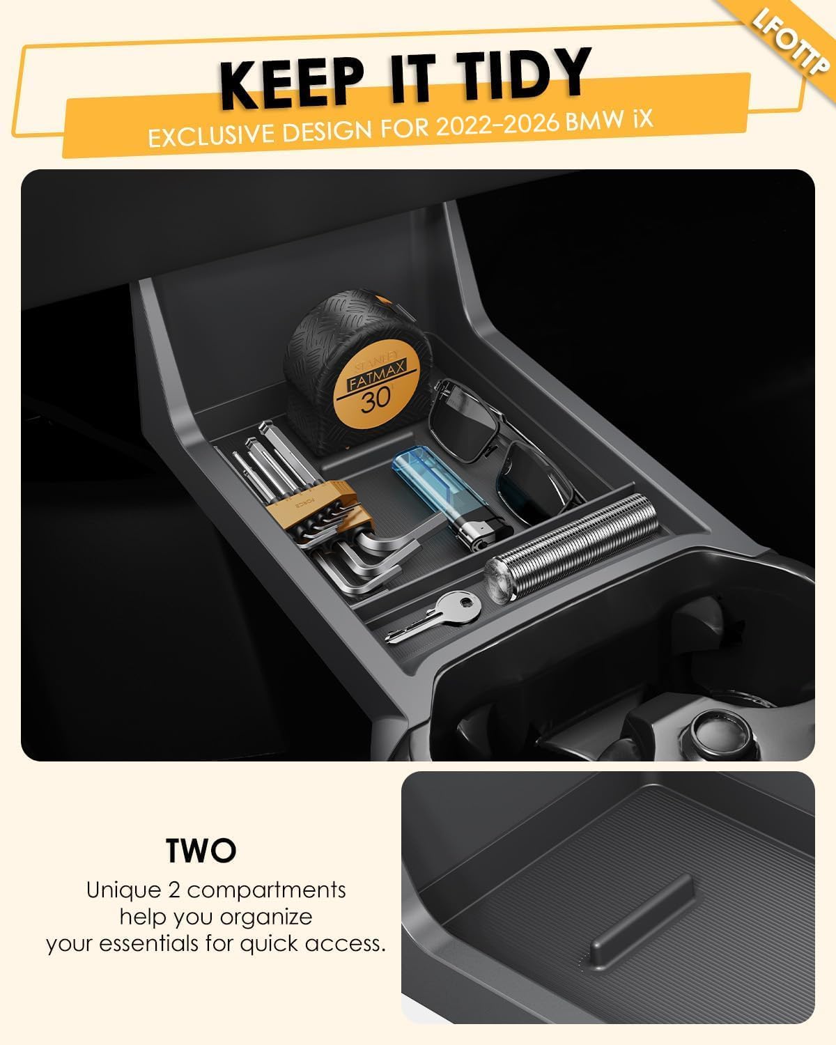 For BMW iX Lower Console Tray - Compatible with 2022-2026 BMW iX45 Center Console Organizer with Anti-Slip Thick Liquid Silicone Mat - Black [Food Tray for Car] [2-Compartment][2026 Patented Design]