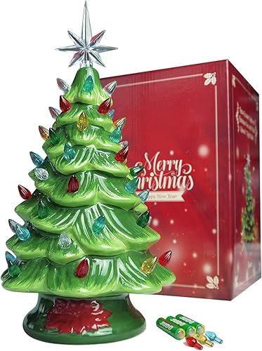 Inalámbrico iluminado cerámica árbol de Navidad vintage mesa decoración de Navidad pre-iluminado colorido mini bombillas 13 '' tradicional verde AA