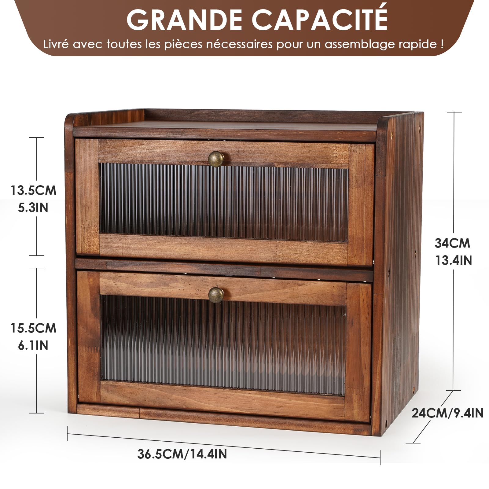 GUUSII HOME Boîte à pain en bois pour comptoir de cuisine, grand récipient alimentaire fait maison avec ouverture frontale vintage pour fruits et légumes, 36,5 x 24 x 34 cm (marron, L)