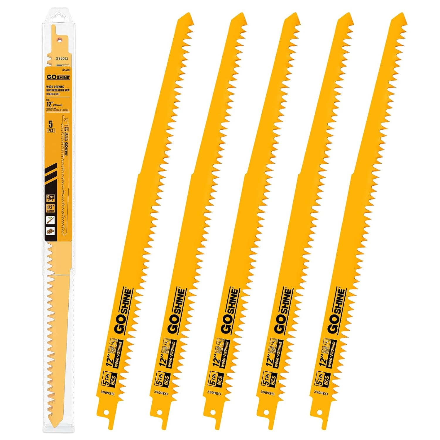Goshine 12 Inch Wood Pruning Reciprocating Saw Blades, Fleam Ground Teeth Sawzall Blades for Wood Cutting,Tree Trimming,Compatible with Milwaukee and Dewalt Reciprocating Saws(5Pcs/5TPI)