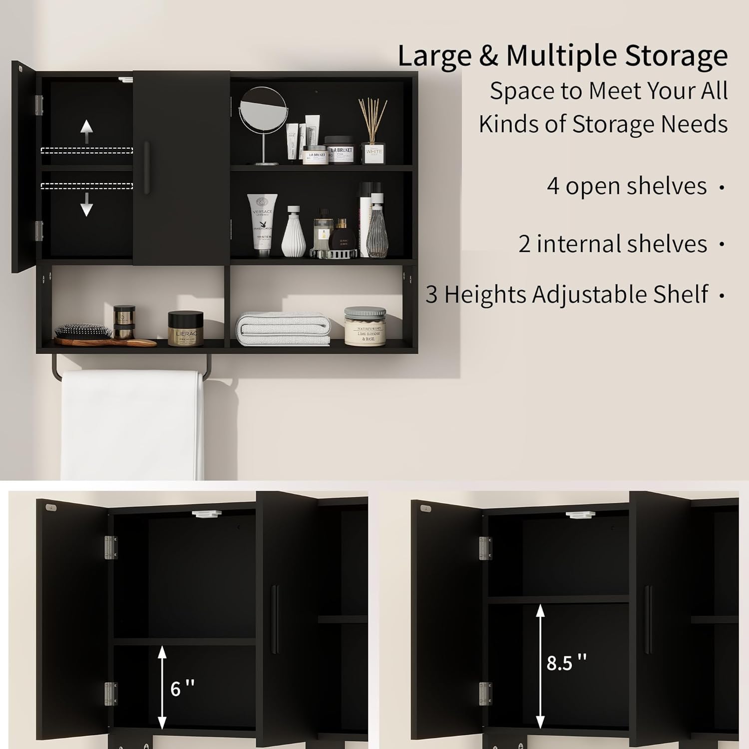 Medicine Cabinet, Wooden Bathroom Wall Cabinet with 2 Doors, Adjustable Shelves & Towel Bar, Over Toilet Storage Cabinet Wall Mounted for Kitchen & Laundry, Black