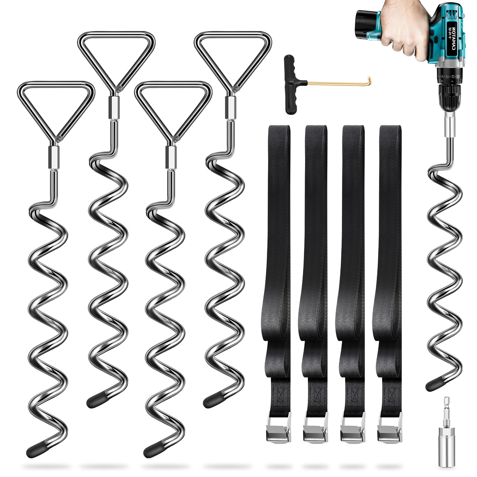 Bodenankern 4 Pack mit Spanngurten (2,5 m lang), Bodenanker mit Bohrmaschine in den Boden Schrauben, hält starken Winden Stand, ideal für Outdoor-Trampoline