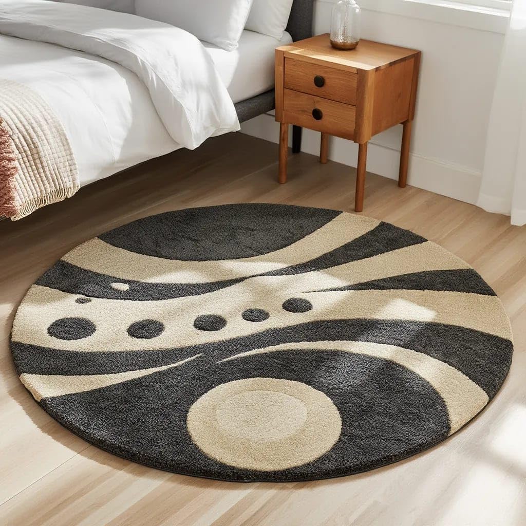 Modern Abstract Round Rug - Blue & Beige -31 Modern Abstract Round Rug - Blue & Beige -31