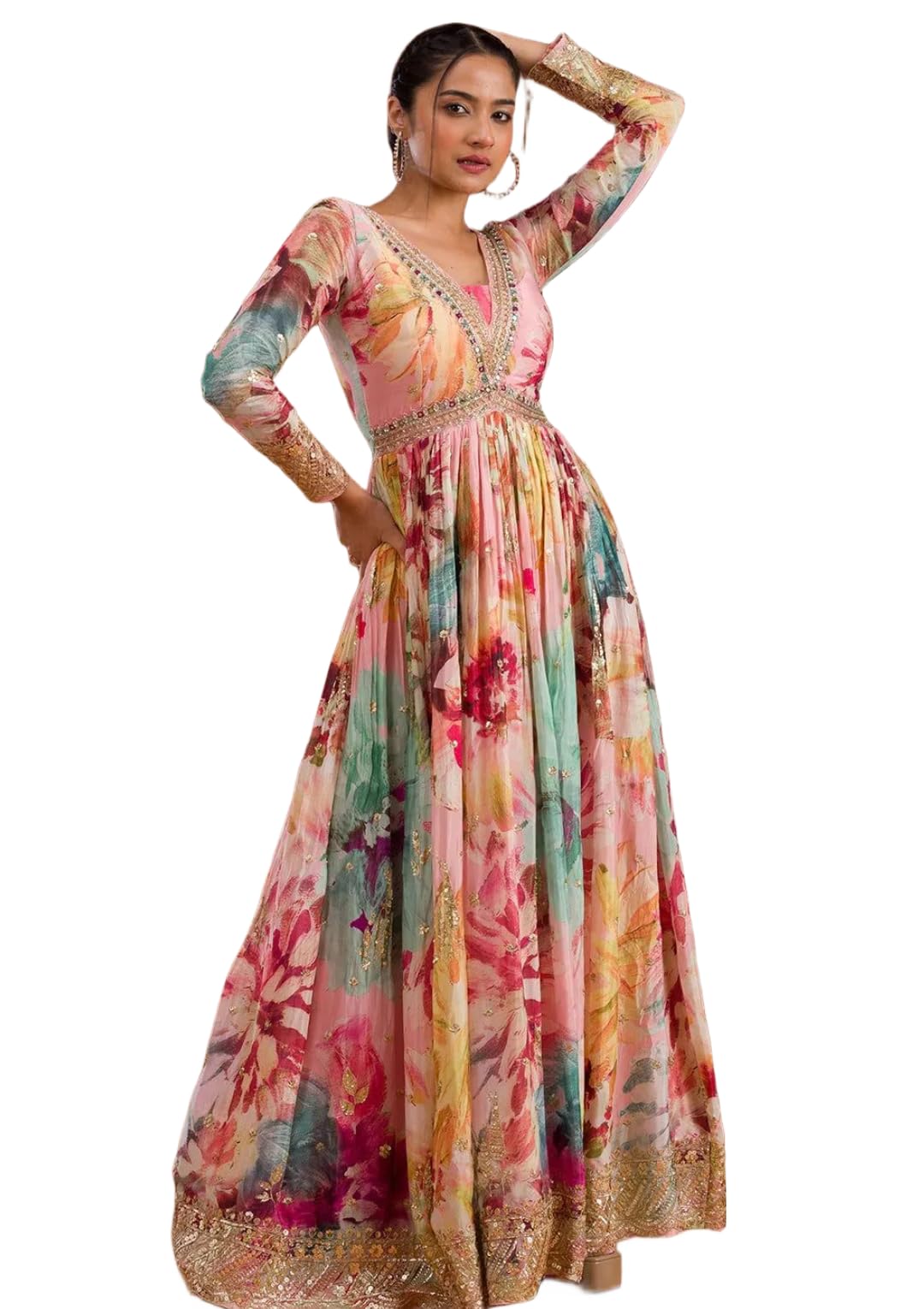 Women's Designer Heavy Chinon Silk Embroidered Gown with Mirror Work Net Dupatta-image-12