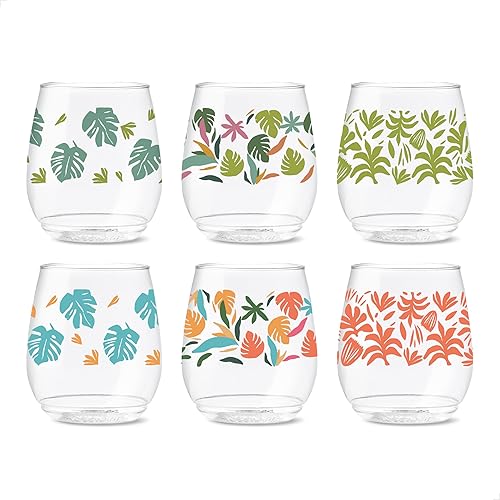 TOSSWARE POP - Juego de 6 vasos de vino de 14 onzas Serie Tropical Abstracto, de alta calidad, reciclables, irrompibles y de plástico transparente
