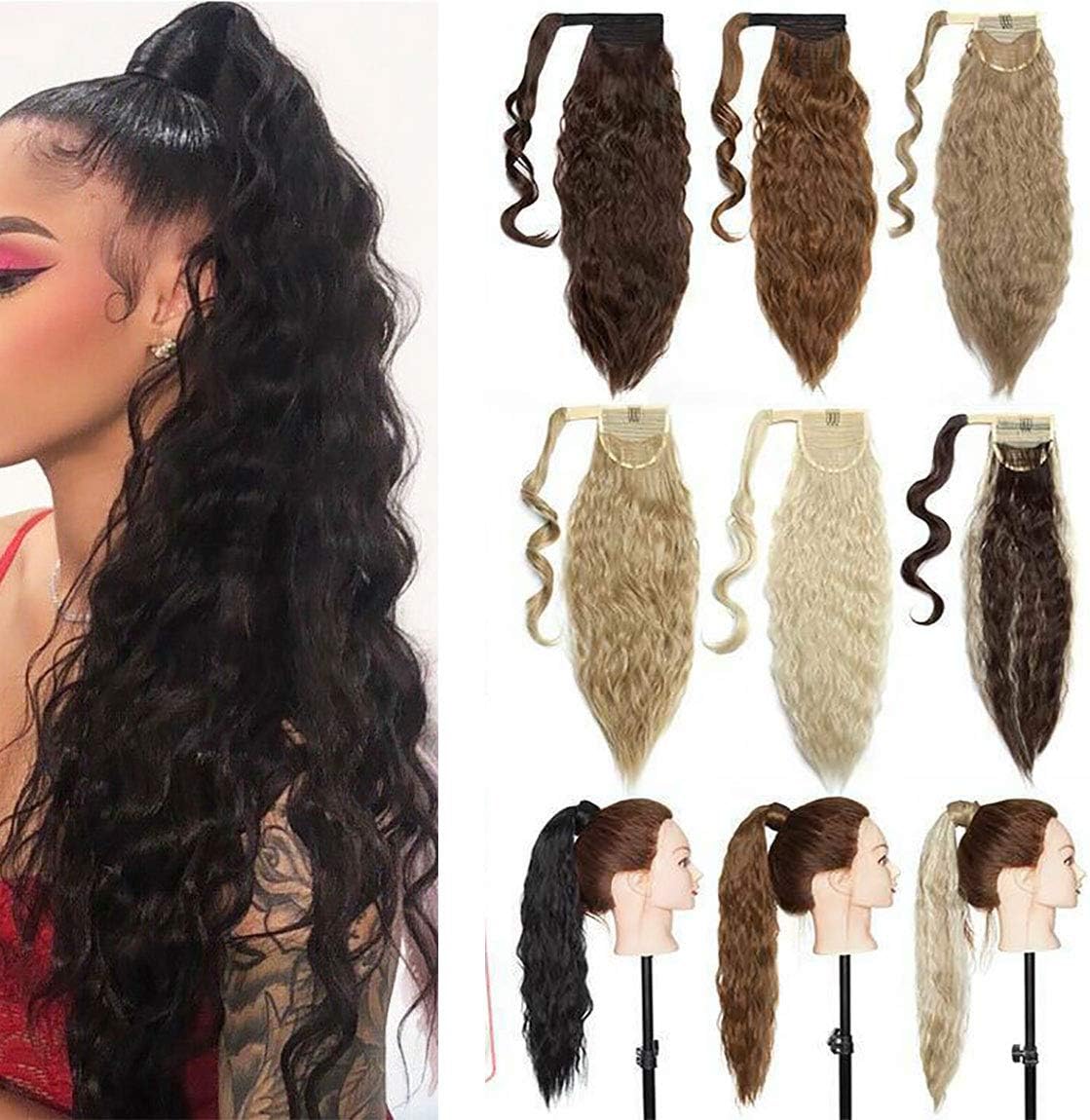 Long Ponytail Hair Extensions 20 inch Curly Wrap Around Ponytail Corn