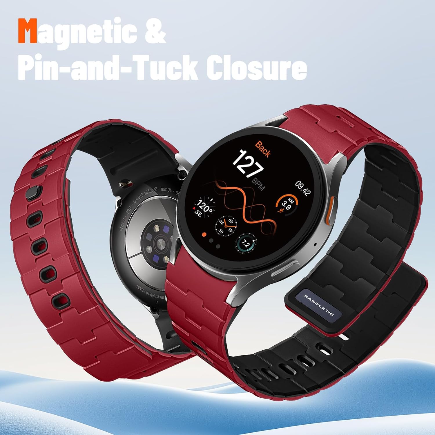 Bandletic 20mm No Gap Breathable Magnetic Silicone Band for Men Compatible with Samsung Galaxy Watch 7 6 5 4 FE 40mm 44mm/for Galaxy Watch 6 4 Classic 43mm 47mm 42mm 46mm/Watch 5 Pro 45mm, Red/Black - Image 2