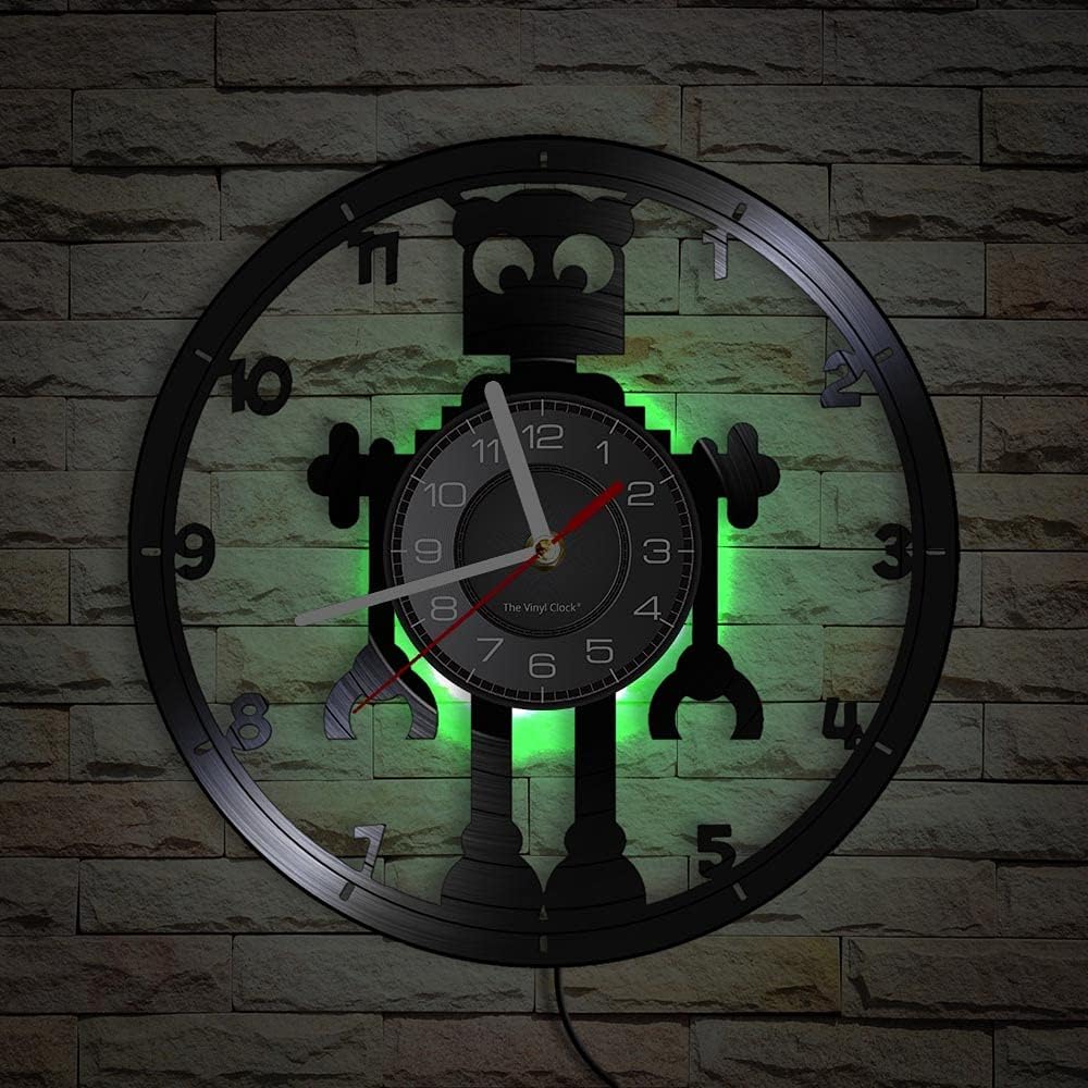 Children's Smart Robot Wall Clock, 7 Kinds of LED Color Kids Room Clock Modern Decorative Silent Non Ticking Battery Operated Night Light Vinyl Wall Clock for Bedroom Nursery(12inch)