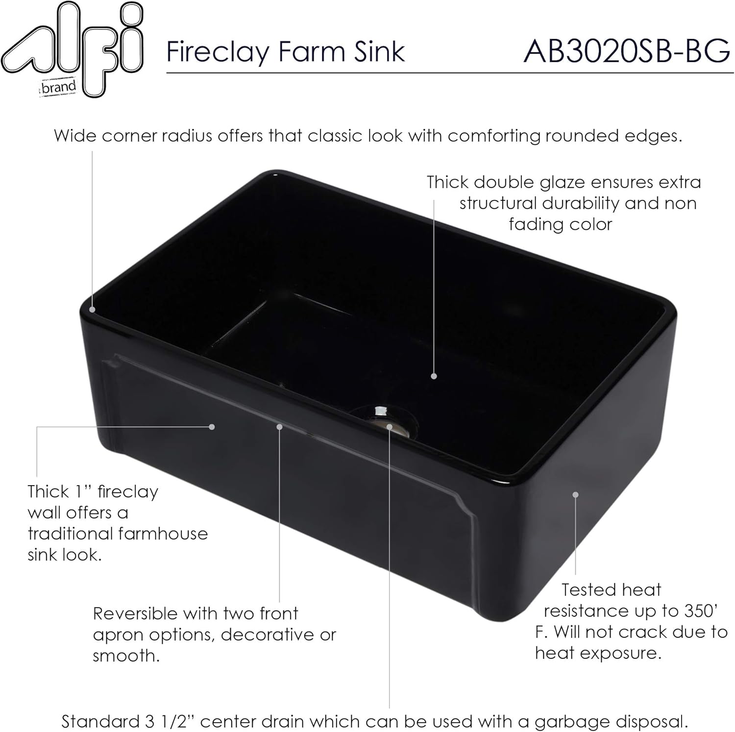 ALFI brand AB5006-PSS AB3020SB-BG Kitchen Sink, Black Gloss