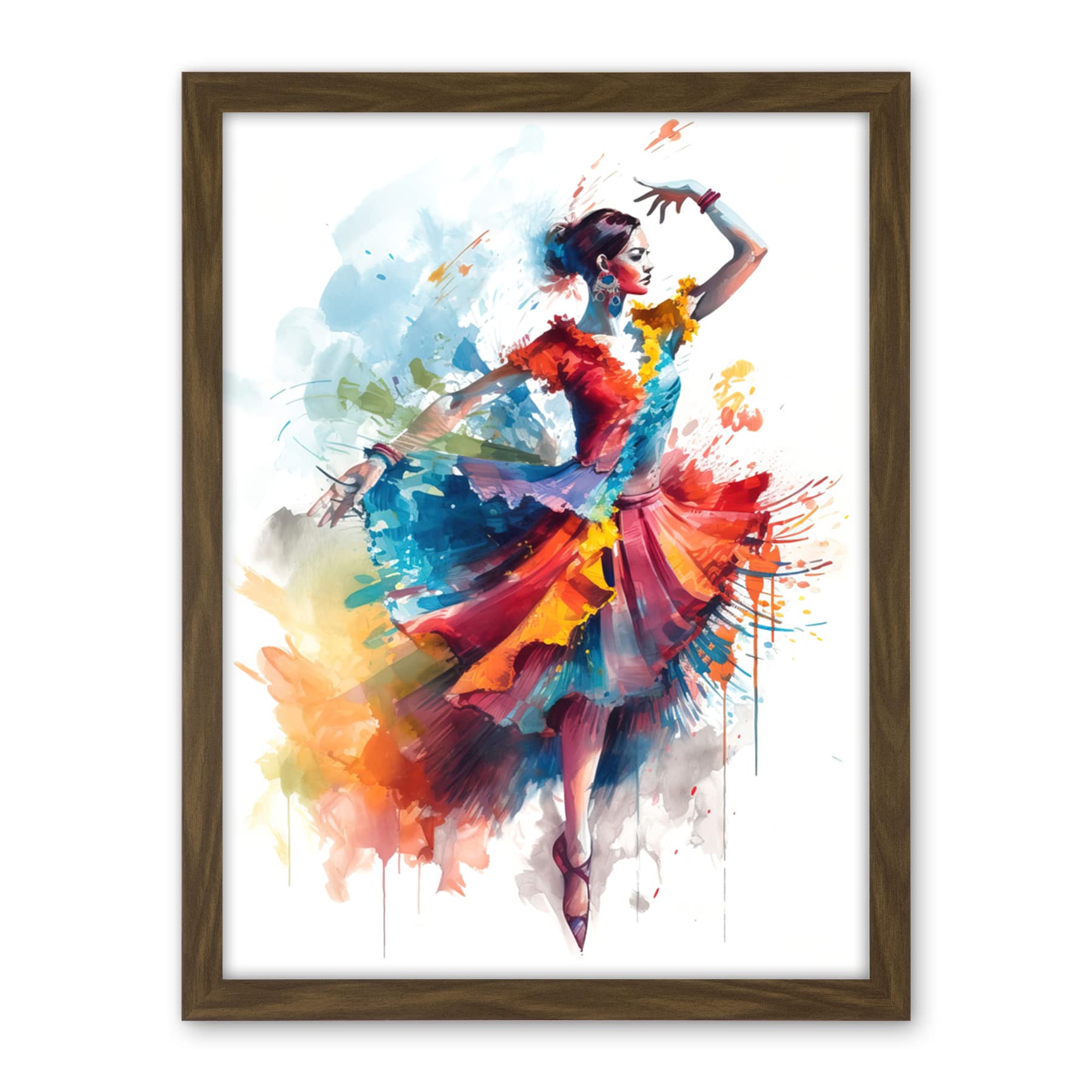 Artery8 Flamenco Dancer in Motion Rainbow Colour Dress Dance Modern Watercolour Painting Artwork Framed Wall Art Print 18X24 Inch