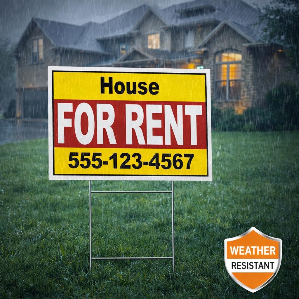 Custom For Rent Yard Signs – 2 Pack – 18” x 24” Double-Sided Outdoor Sign with Metal H Stake – Weather Resistant Plastic