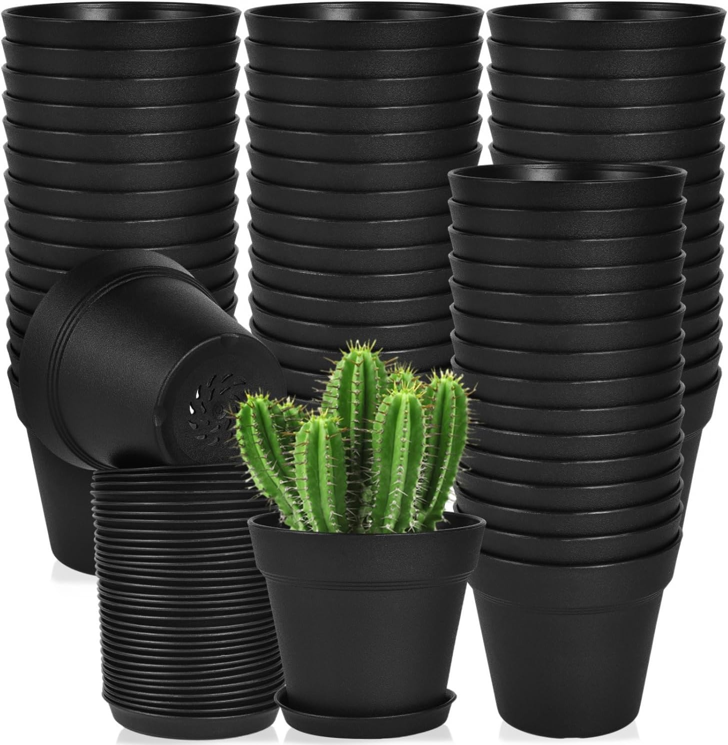 June Fox 60 Pack Small Plant Pots Indoor 4 Inch Plastic Planter with Drainage Holes and Saucers Premium Black Pots for Plants Bulk for Succulent, African Violets, Flowers, Seed Starting