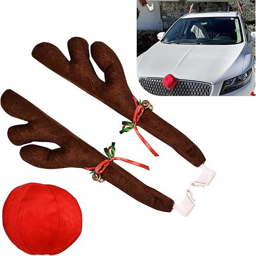 3-Piece Car Antlers and Nose Decorations, Christmas Atmosphere Reindeer Kit, Car Window Grille Exterior Decoration Accessories, Universal for Most Cars (Brown)