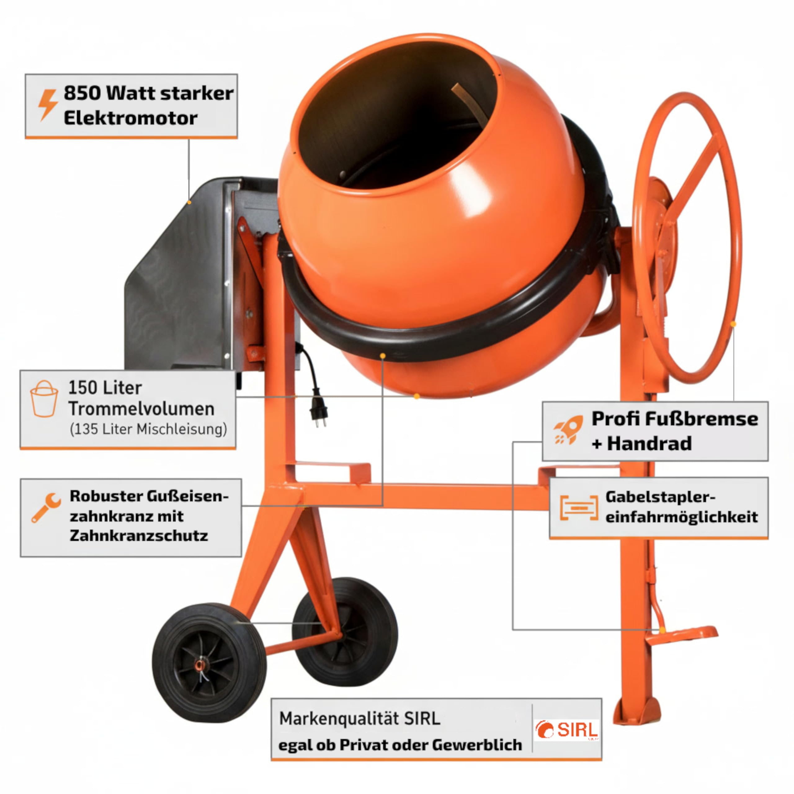 PRO160TD Profi Betonmischer 230V Mischmaschine Beton Mörtel Zementmischer (150 Liter Trommelvolumen, 850 Watt Motorleistung, Zahnkranz aus Gusseisen, Zahnkranzschutz, IP45, Fußbremse) orange