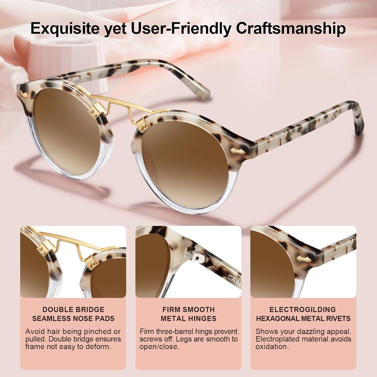 CARFIA Double Bridge Small Acetate Sunglasses for Women Polarized, Retro Metal Brow Ladies Sunnies Fashion Round Eyewears - Image 6