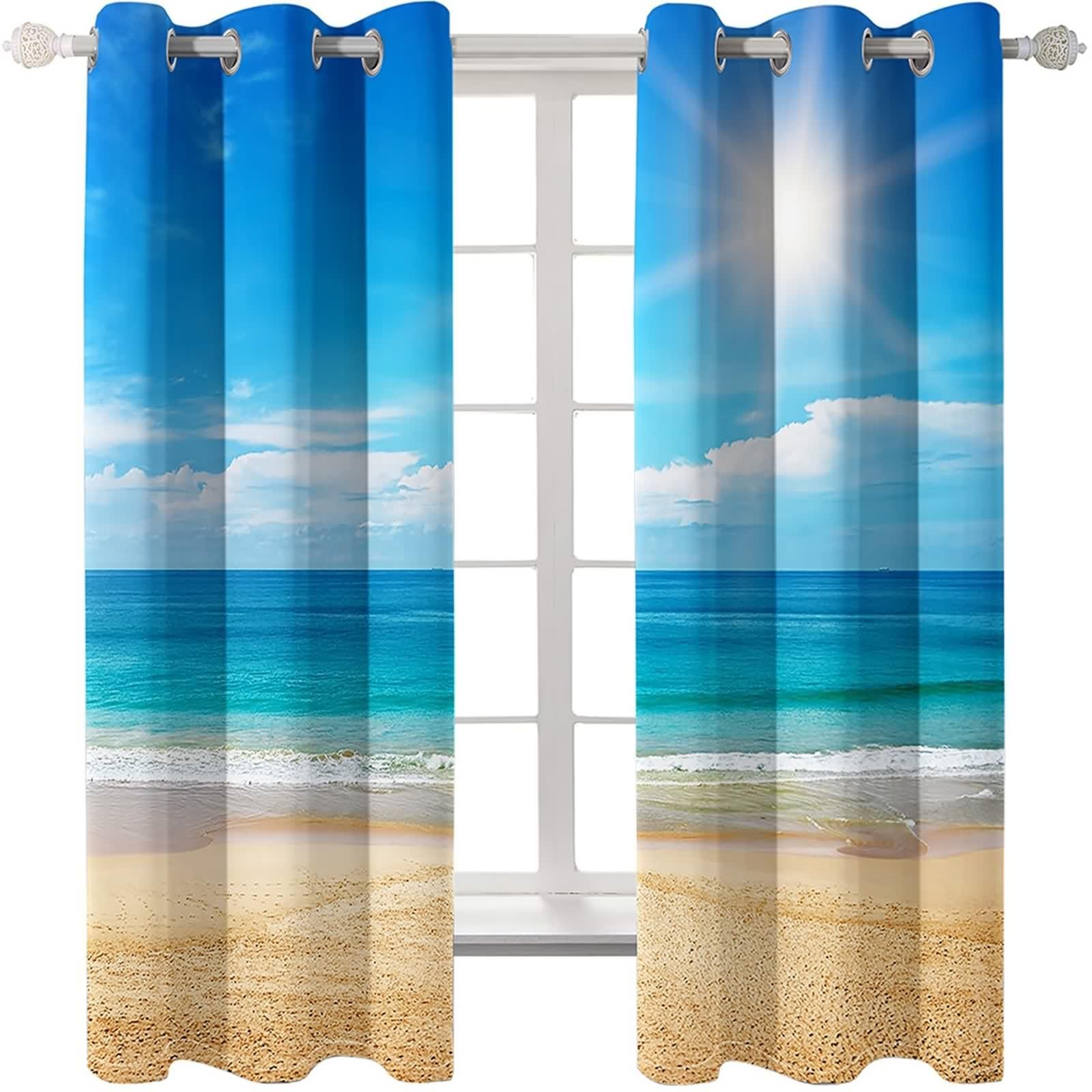 Rideau Occultant, Rideau Anniversaire Bleu Blanc Marron Polyester Soleil, Mer et Plage 214L x 274H CM Lot de 2