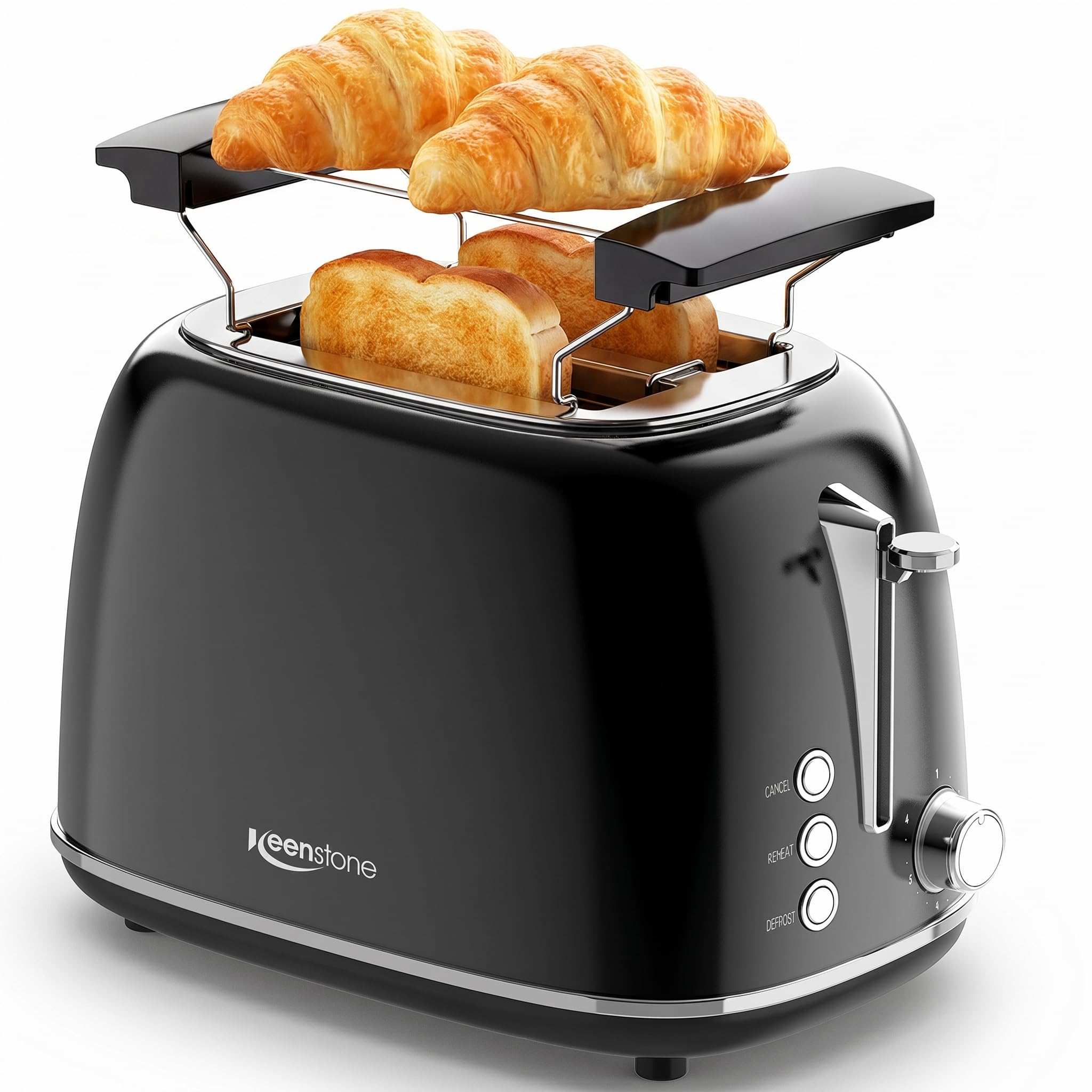 Keenstone Tostapane con pinze Retro a 2 fette, extra larghe in acciaio inox, 6 livelli di doratura, funzioni di riscaldamento e scongelamento; tostapane per toast farciti; Vassoio raccoglibriciole