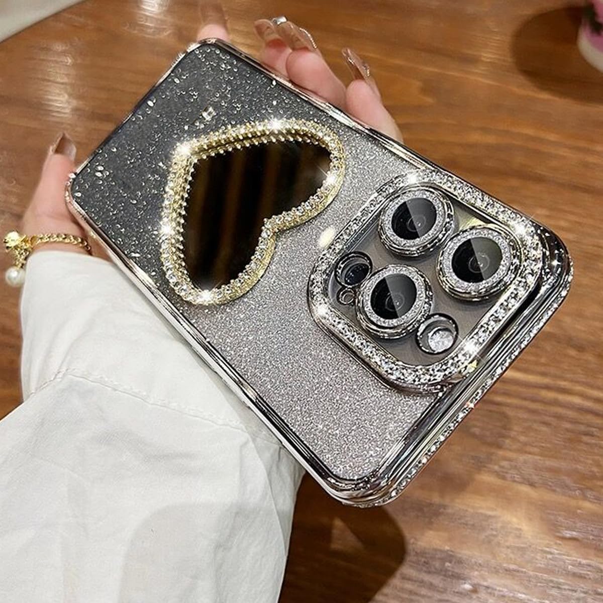 Glitter Mirror Case for iPhone 16, Cute Luxury Diamond Heart Makeup Mirror Bling Sparkly Rhinestone with Camera Protector TPU Plating Bumper Women Girls Phone Case for iPhone 16 6.1" (Silver) - Image 6