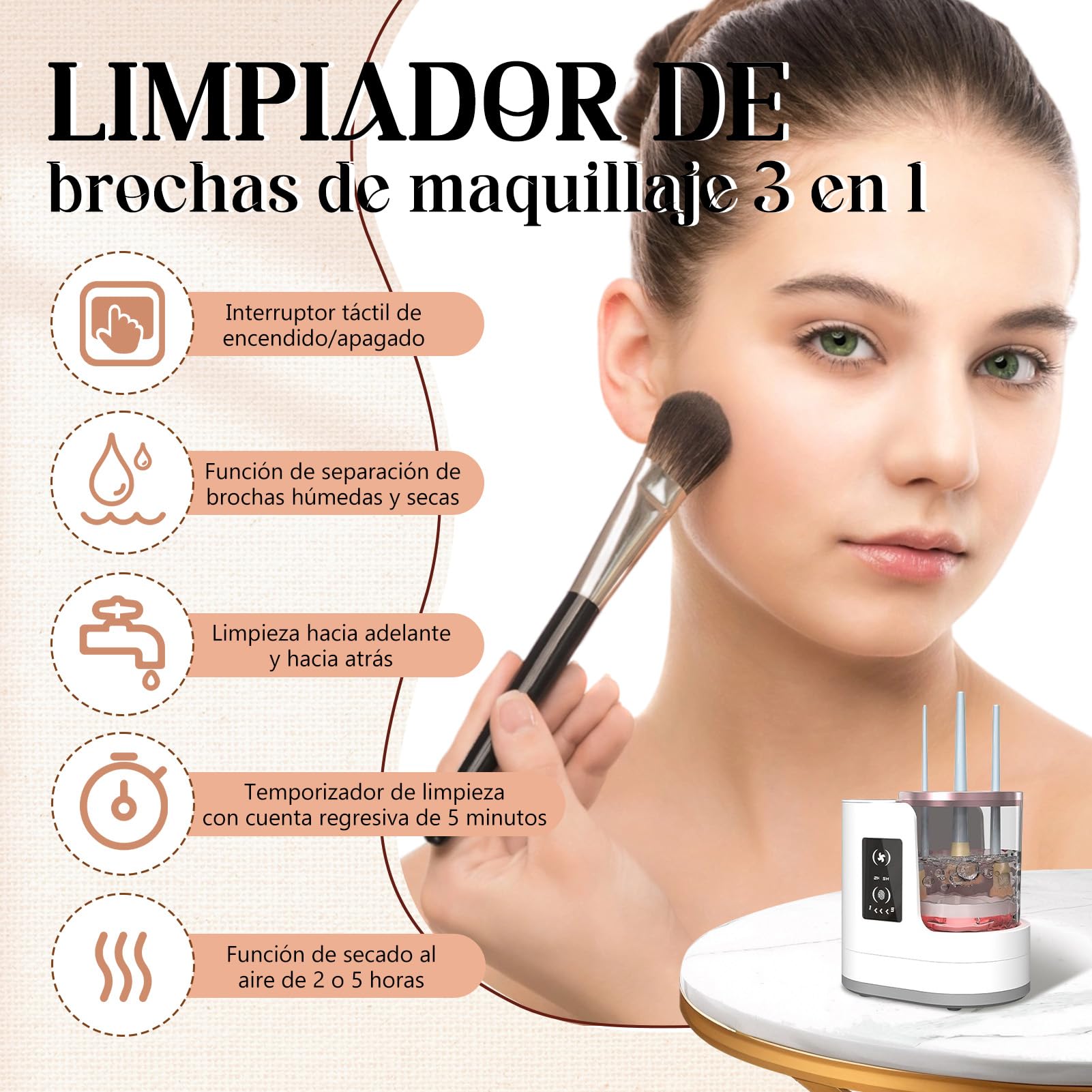 Limpiador eléctrico automático 3 en 1 para pinceles de maquillaje con secador, máquina de limpieza con enchufe para pinceles de maquillaje – incluye estación de secado y cuidado higiénico