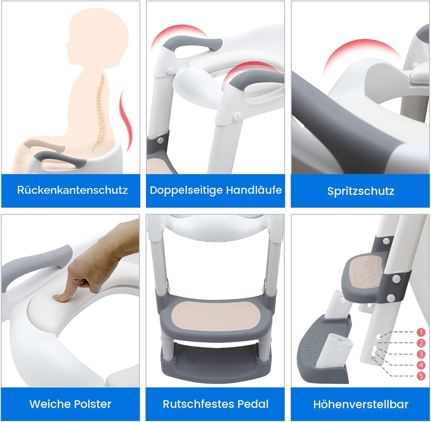 Töpfchen Toilettensitz Baby mit Treppe: Kinder WC Sitz Toilette Toilettentrainer für Kleinkinder Jungen und Mädchen - Höhenverstellbar und Klappbar Reise-Badezimmersitz mit Spritzschutz Griffe | Weiß