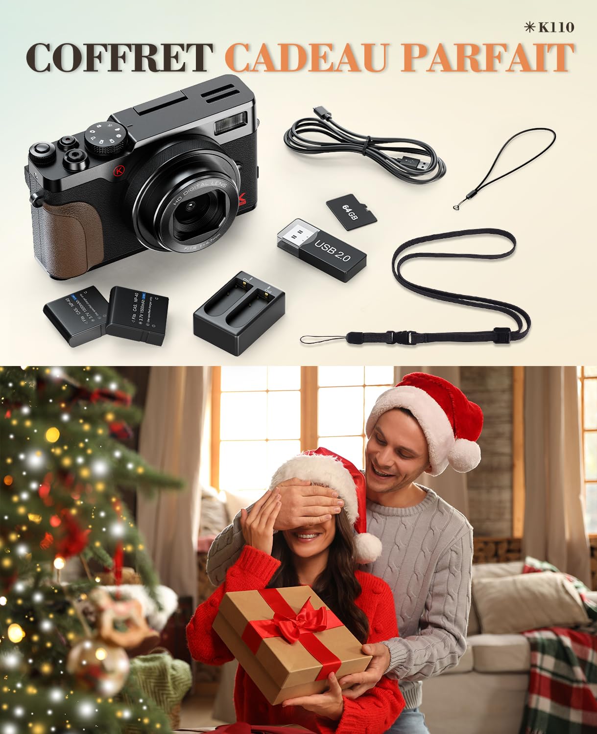 Appareil Photo numérique 5K, 64MP caméra de vlogging, WiFi caméra de vlogging Youtube contrôlée par et Application, 18X Appareil Photo Compact avec Carte TF 32 Go, objectifs Grand-Angle et Macro