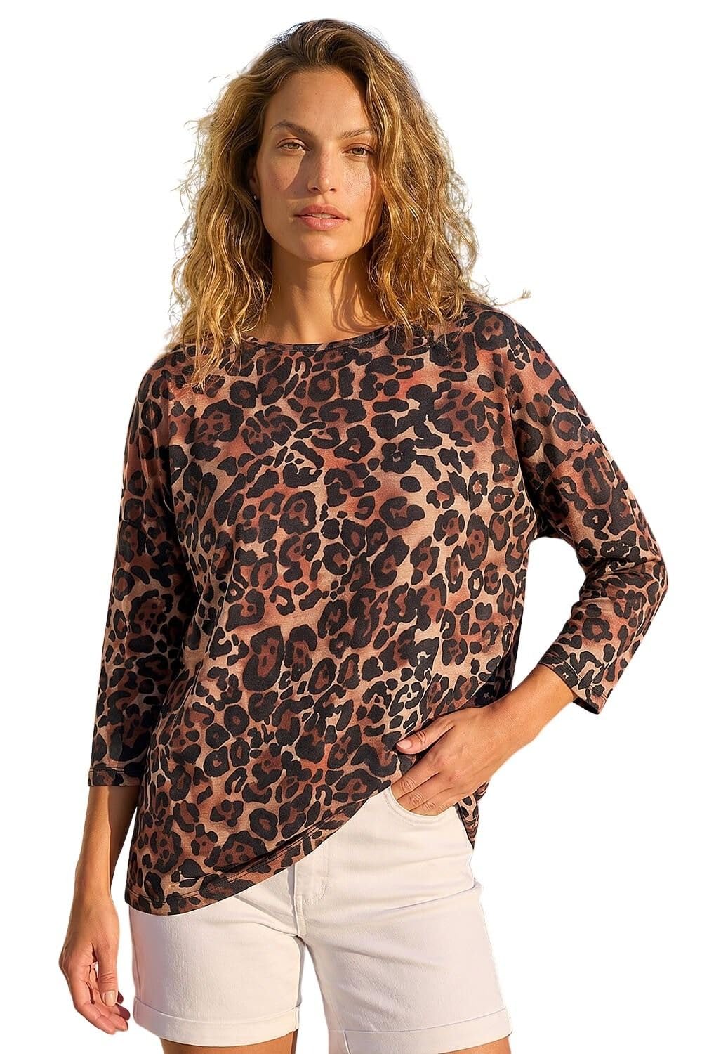 Roman Women's Tan Animal Print Stretch Top In | : Size 10