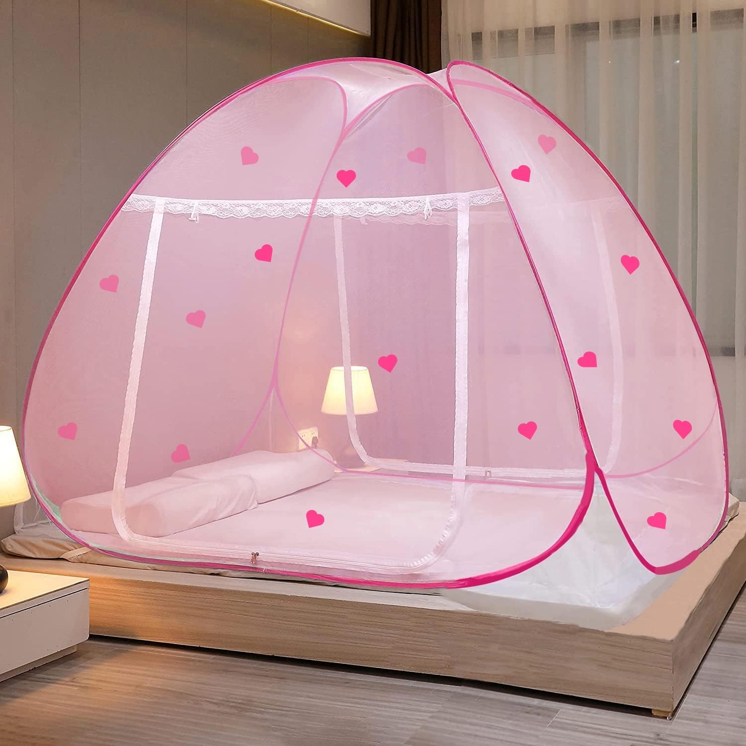 Evafly Mosquito Net for Double Bed | Heart Design (Limited Edition) | King Size Foldable Machardani | Polyester 30GSM Durable Net | PVC Coated Corrosion-Resistant Steel Wire - Full Pink