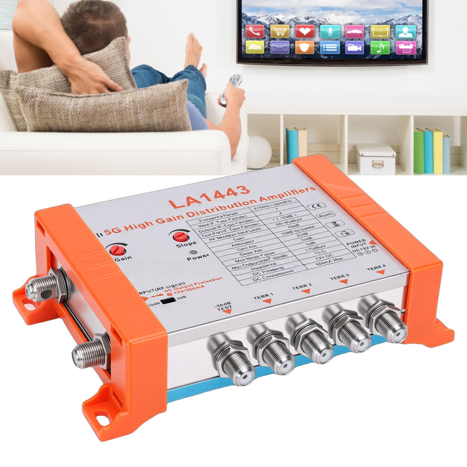 Cuifati Amplificateur de Distribution TV 4 Ports avec Filtre 5G LTE à Gain de 45 DB pour Amplificateur de Signal D'antenne de Télévision par Câble avec 1 Entrée 4 Sorties à Faible Bruit (Prise UE)