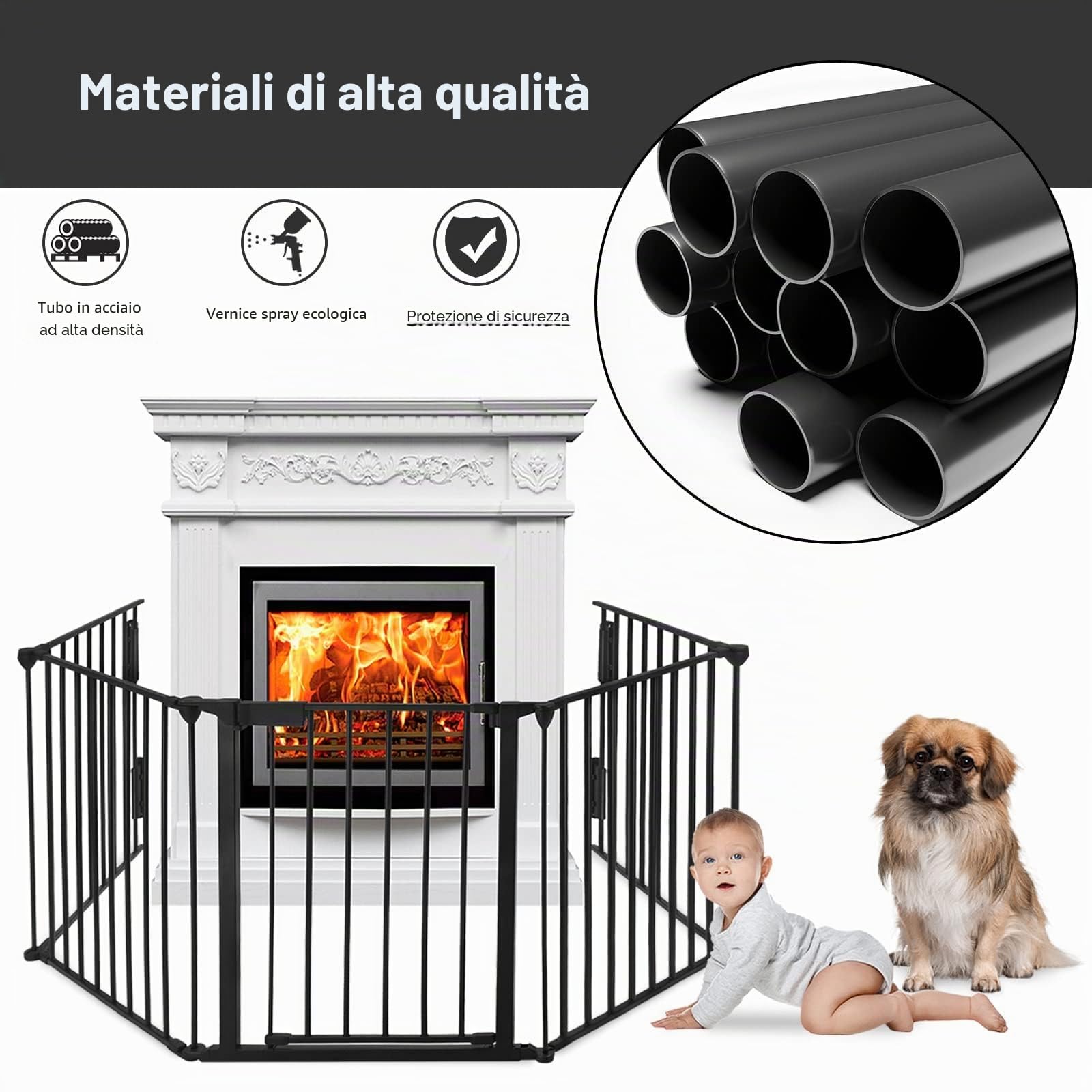 LARS360 griglia di protezione per camino, 300 cm, con porta, 5 elementi, pieghevole, sospensione, box e protezione, per neonati e bambini (75 x 60 cm, 2 serrature)