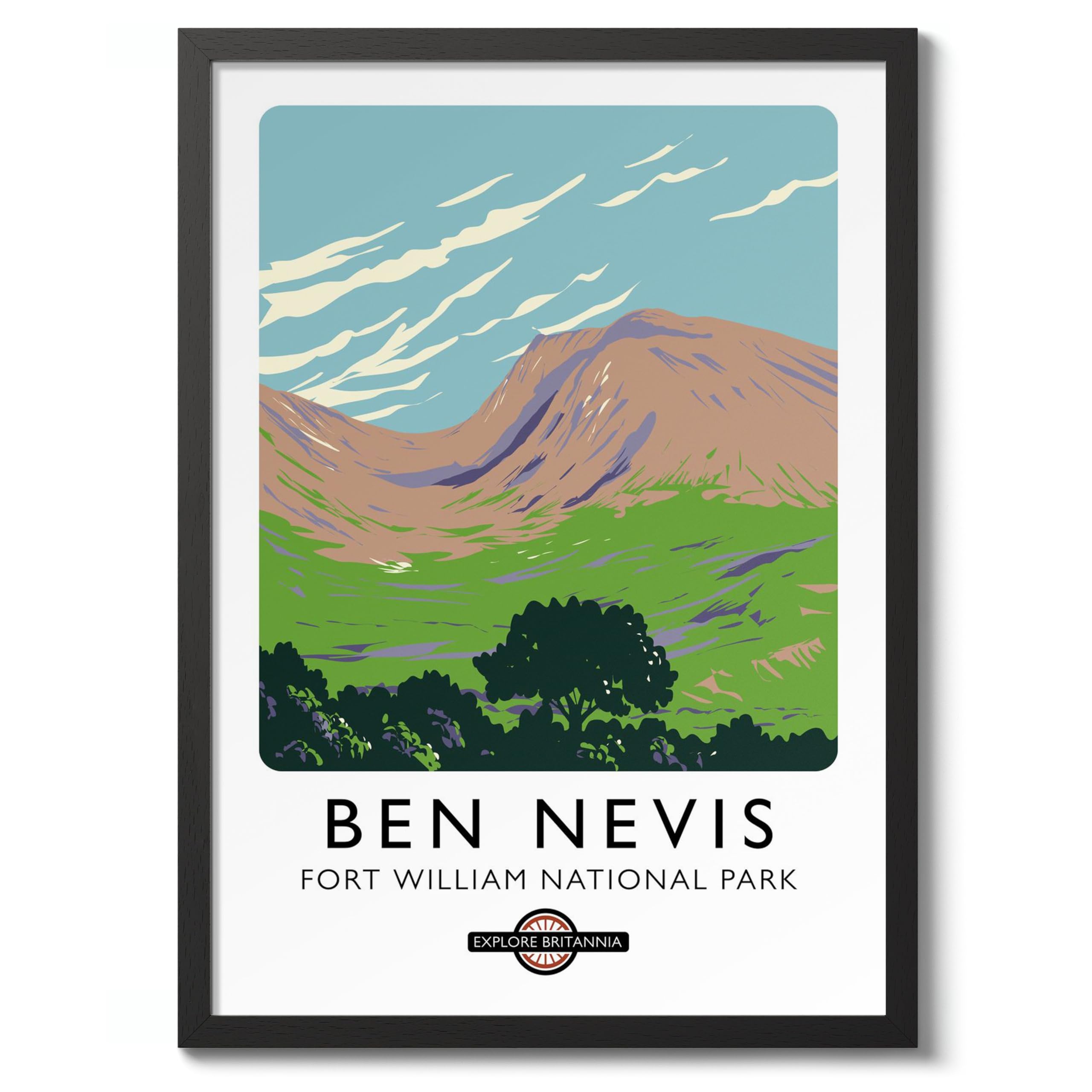 Ben Nevis, Fort William National Park England Travel Poster, Explore Britain Modern Illustration Destination Print, Modern British UK Living Room Decor, A1 (Black Frame) - 86.9x62.4cm — image 1