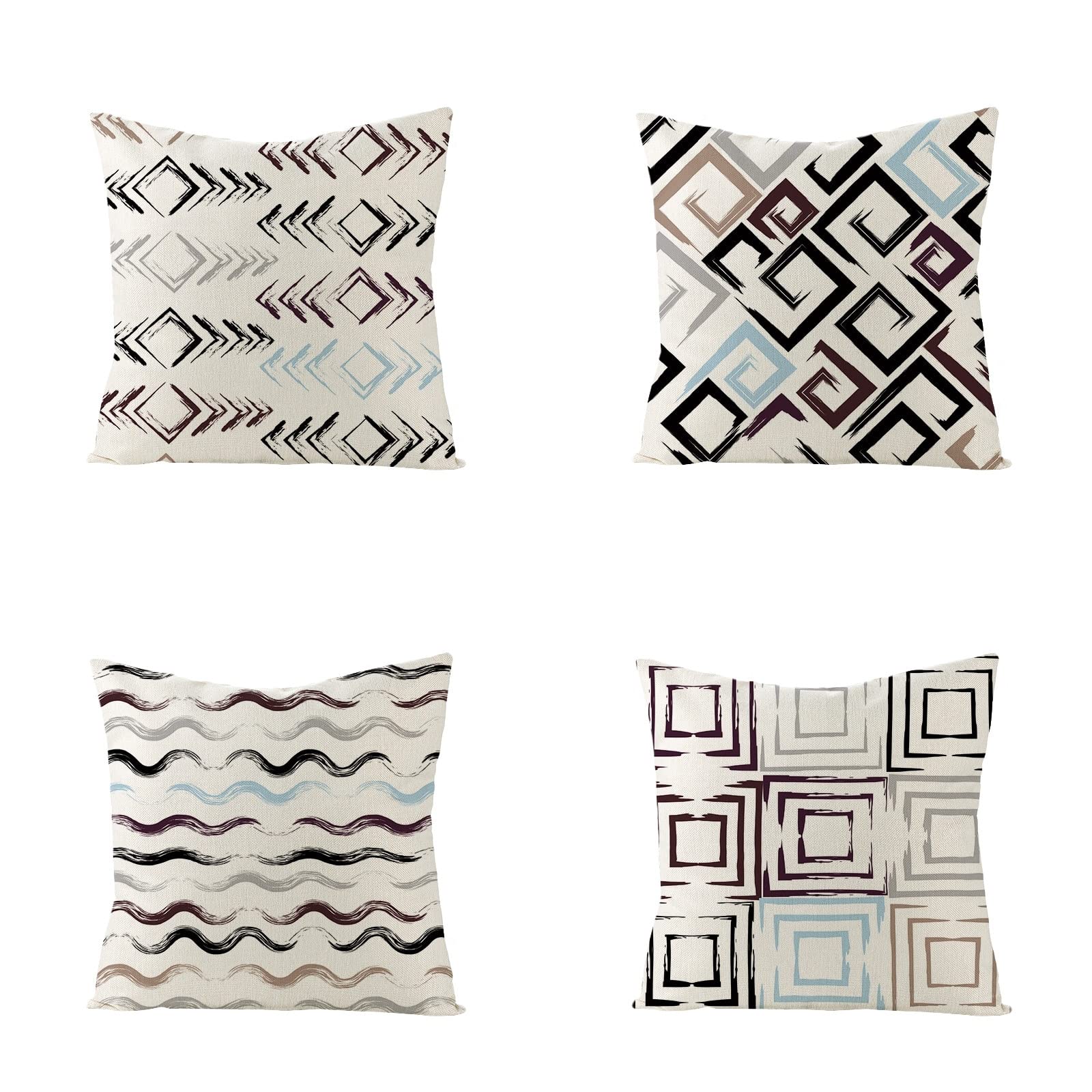 Sofa Fundas Cojines 60x60 Pack de 4 Cuadrado,Funda de Almohada Lino con Cremallera Invisible,Funda de Cojín Decoración para Hogar Sala Cama Jardín Silla Coche-geometría